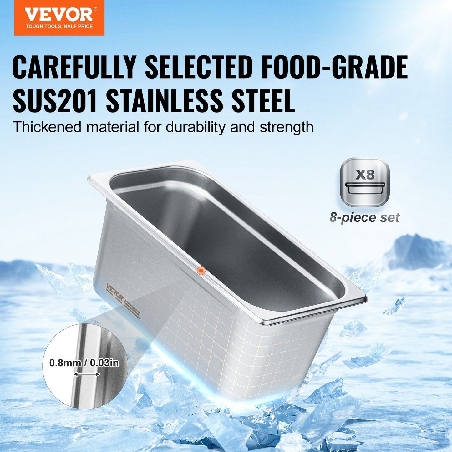 8-Pack Stainless Steel Hotel Pans with Lids, 1/3 Size, 6m Deep, 5.93L Capacity