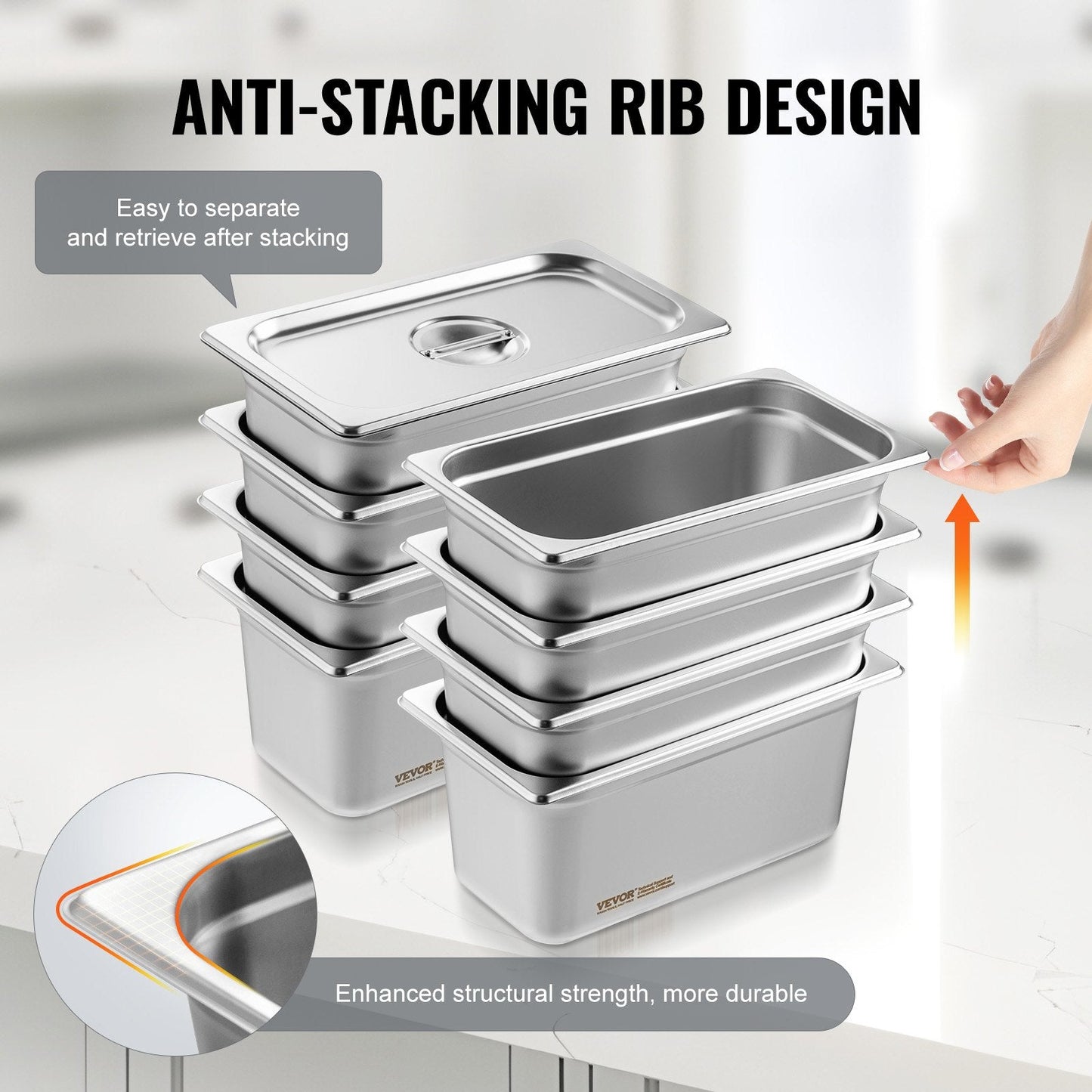 8-Pack Stainless Steel Hotel Pans with Lids, 1/3 Size, 6m Deep, 5.93L Capacity