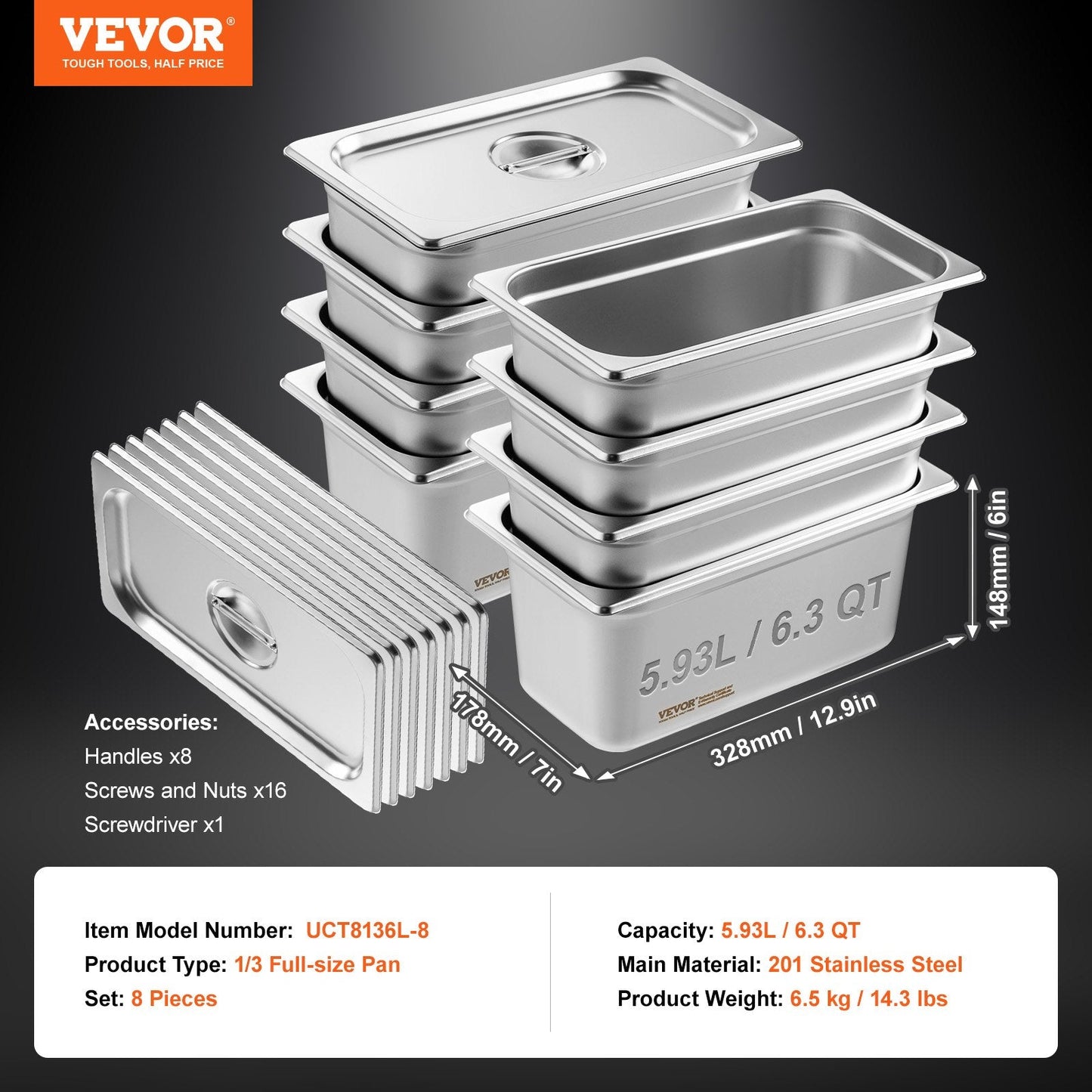8-Pack Stainless Steel Hotel Pans with Lids, 1/3 Size, 6m Deep, 5.93L Capacity