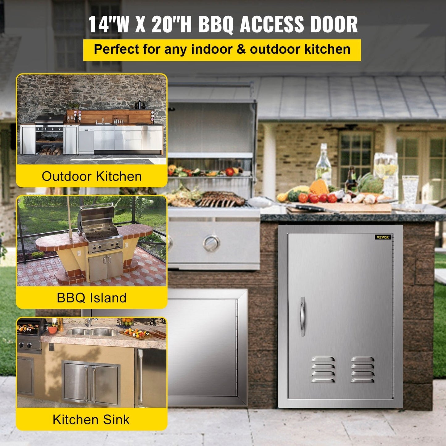 Outdoor Kitchen Stainless Steel Flush Mount Door with Vents, 0.35 x 0.51m