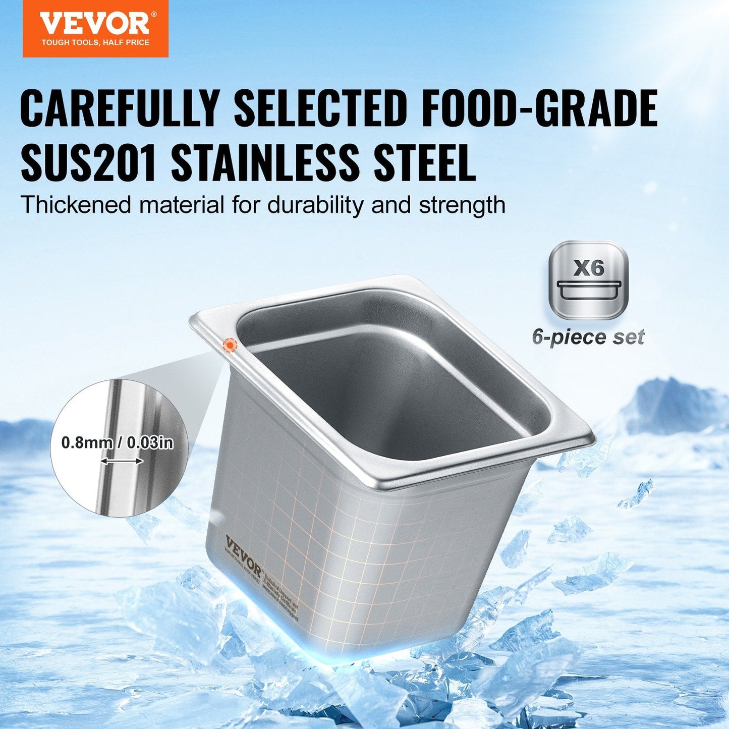 6-Pack Stainless Steel Hotel Pans, 1/6 Size, 16 cm Deep, Anti-Jam, Durable