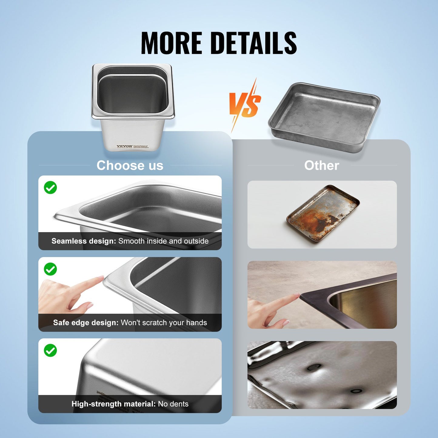 VEVOR 6 Pack Hotel Pans, 1/6  Size Anti-Jam Steam Pan, 0.8mm Thick Stainless Steel