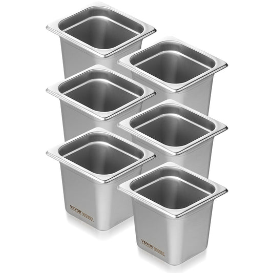 VEVOR 6 Pack Hotel Pans, 1/6  Size Anti-Jam Steam Pan, 0.8mm Thick Stainless Steel