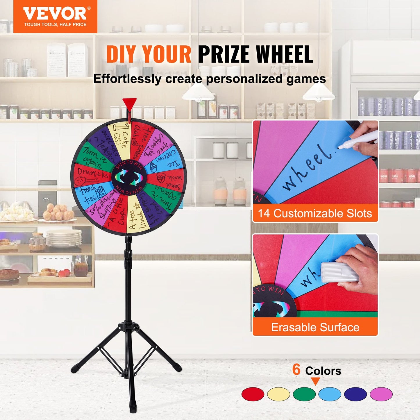 Vevor 18 Inch Tabletop Color Prize Wheel with Folding Tripod Floor Stand 14 Slots