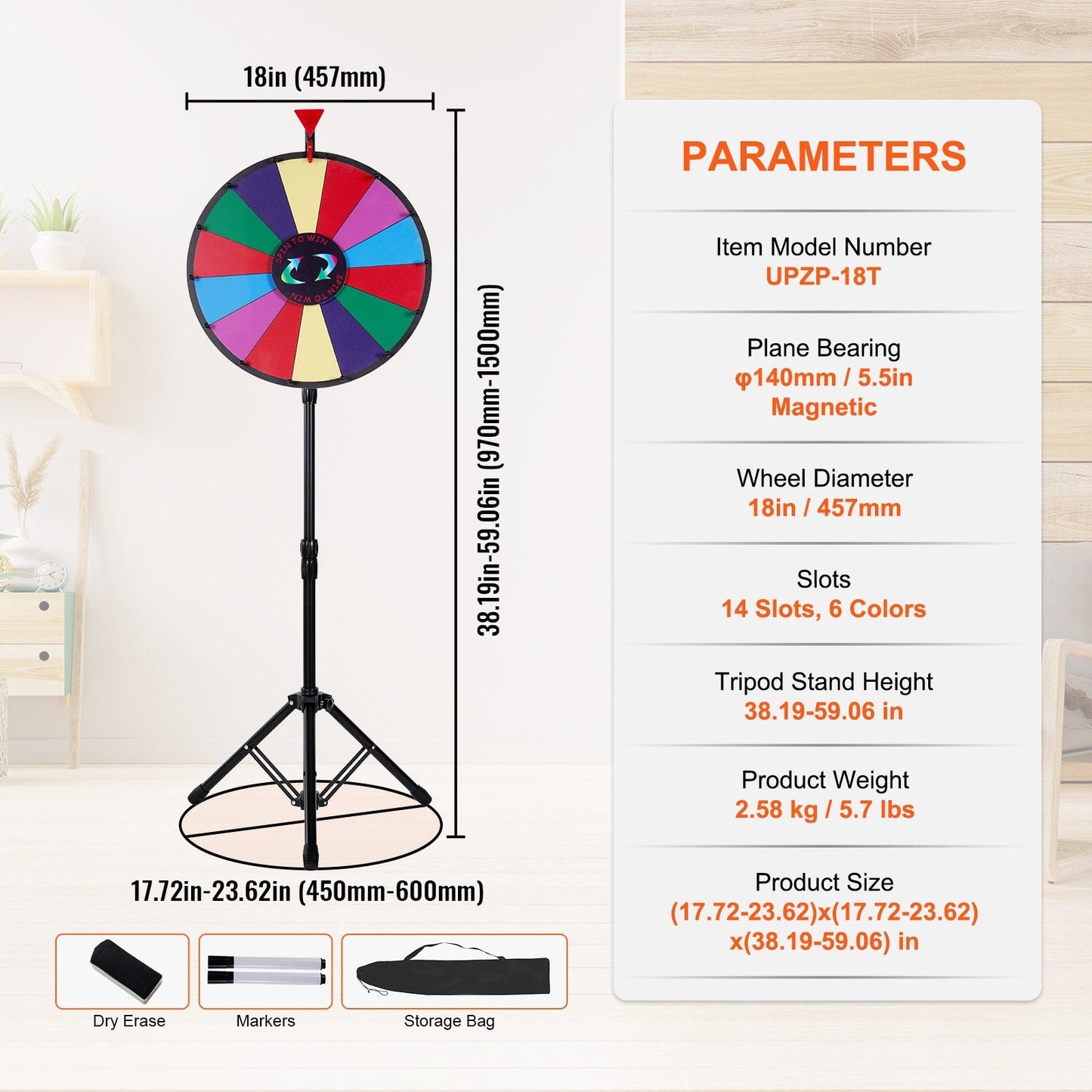 Portable 0.45m Color Prize Wheel with Adjustable Tripod Stand, 14 Slots