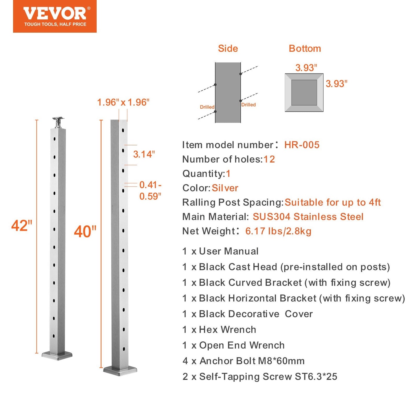 Stainless Steel Stair Railing Post, 30° Angled Holes, 106.7cm, Silver