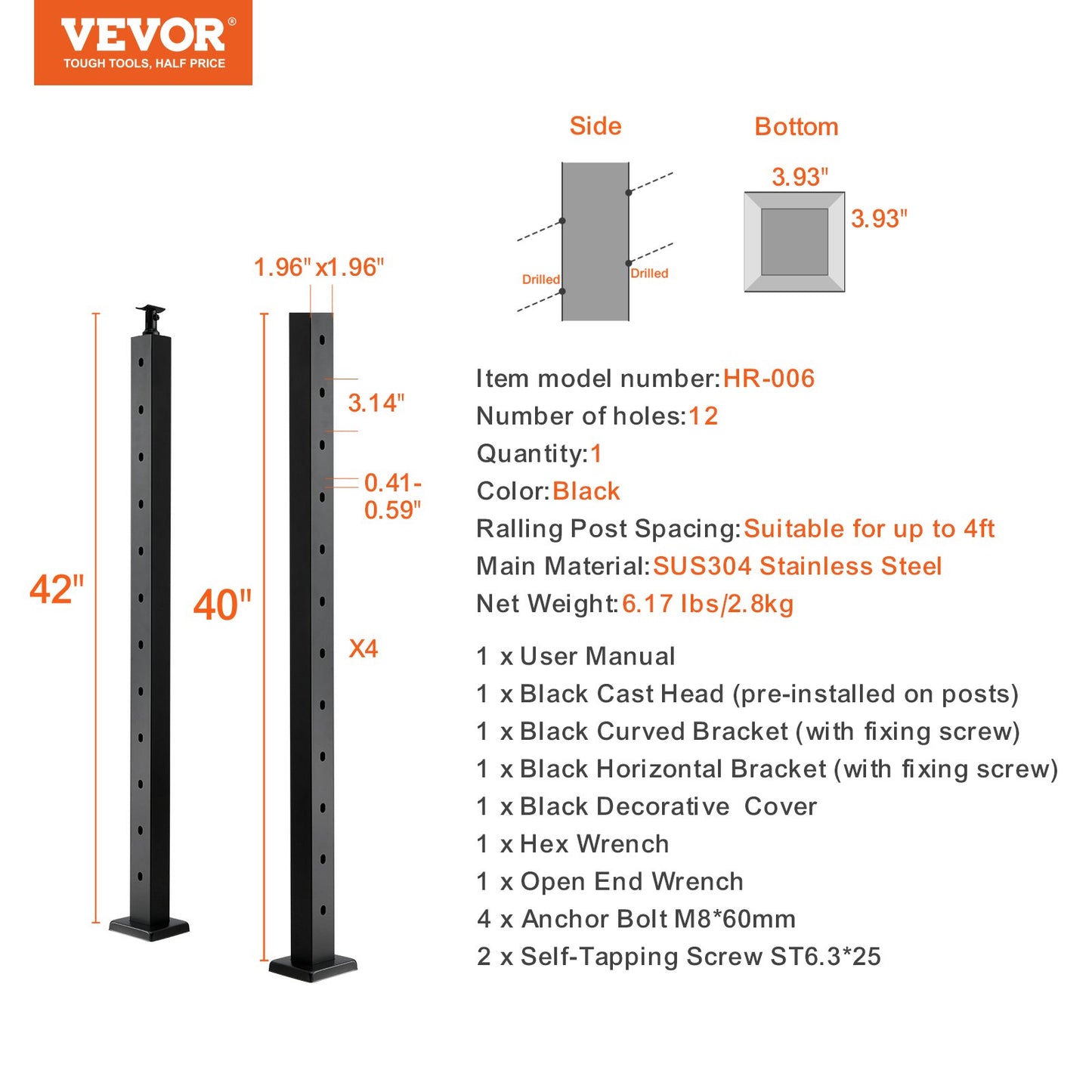 VEVOR Cable Railing Post, 42" x 2" x 2" Steel 30° Angled Hole Stair Railing Post,