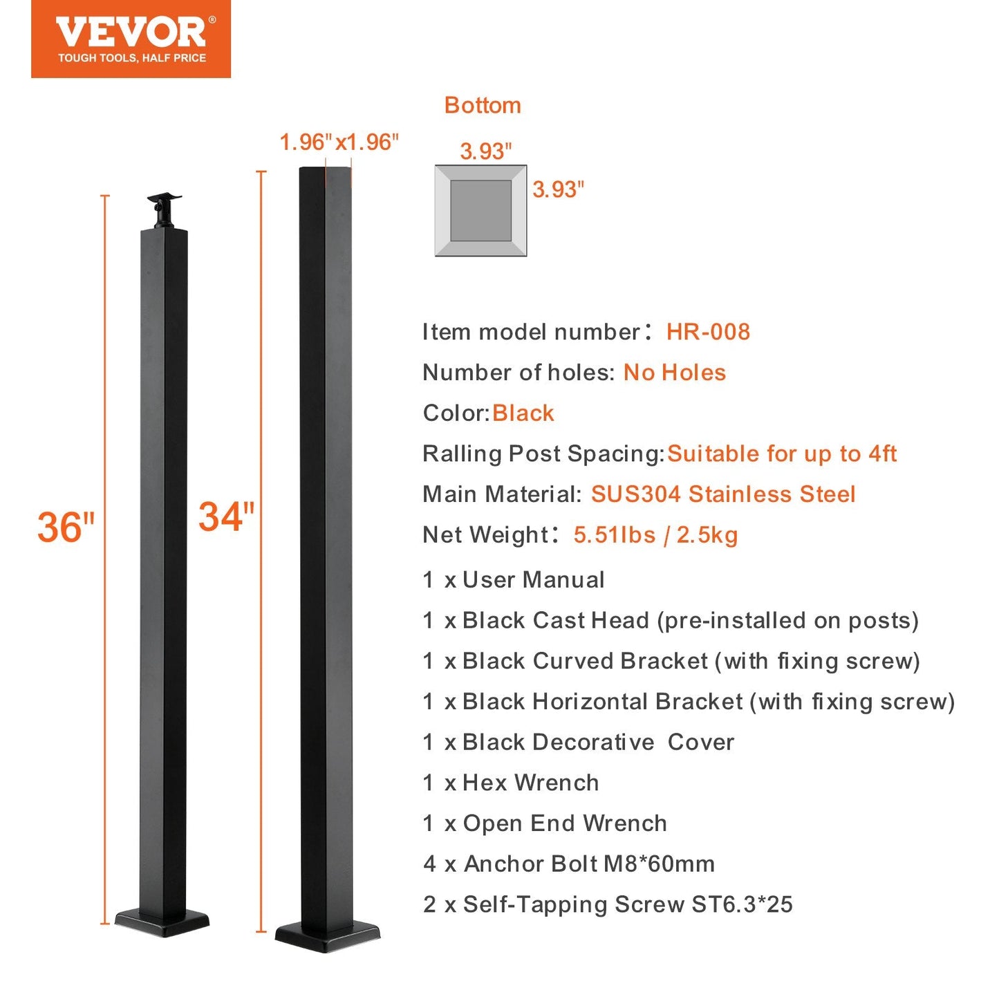 36" Stainless Steel Deck Railing Post with Brackets, Black, No Holes, 1-Pack