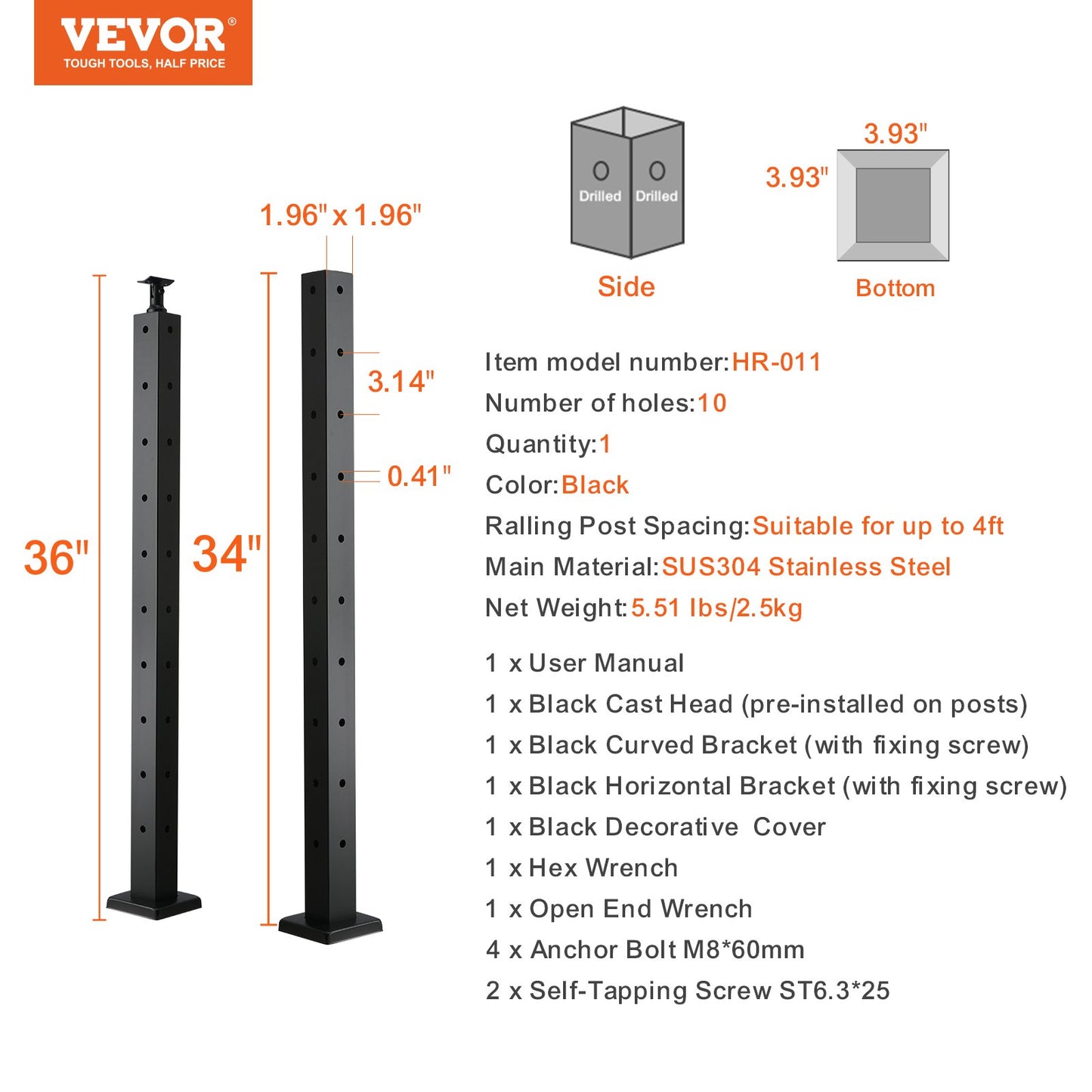 VEVOR Cable Railing Post, 36" x 2" x 2" Steel L-Shaped Hole Corner Railing Post,