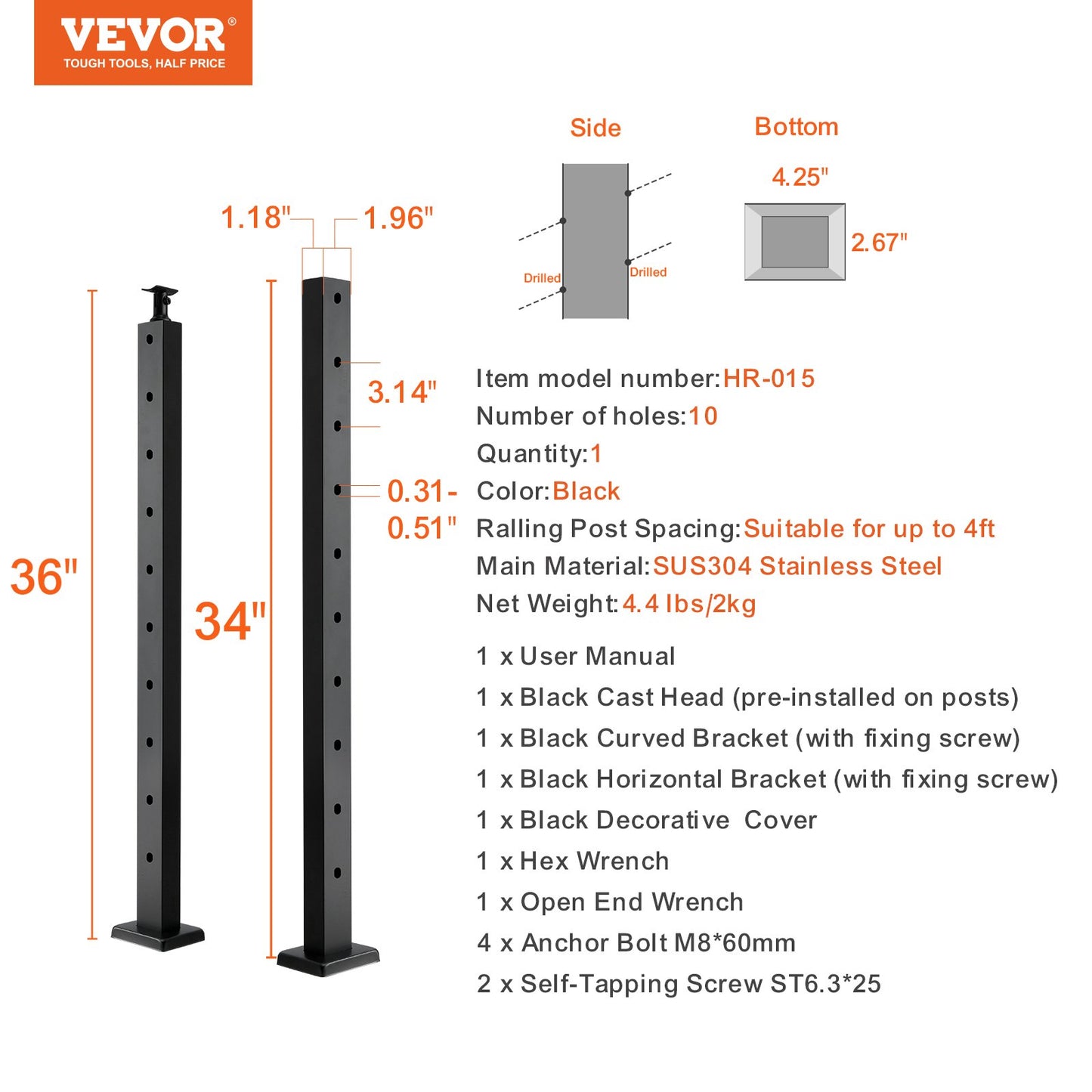 VEVOR Cable Railing Post, 36" x 1" x 2" Steel 30° Angled Hole Stair Railing Post,
