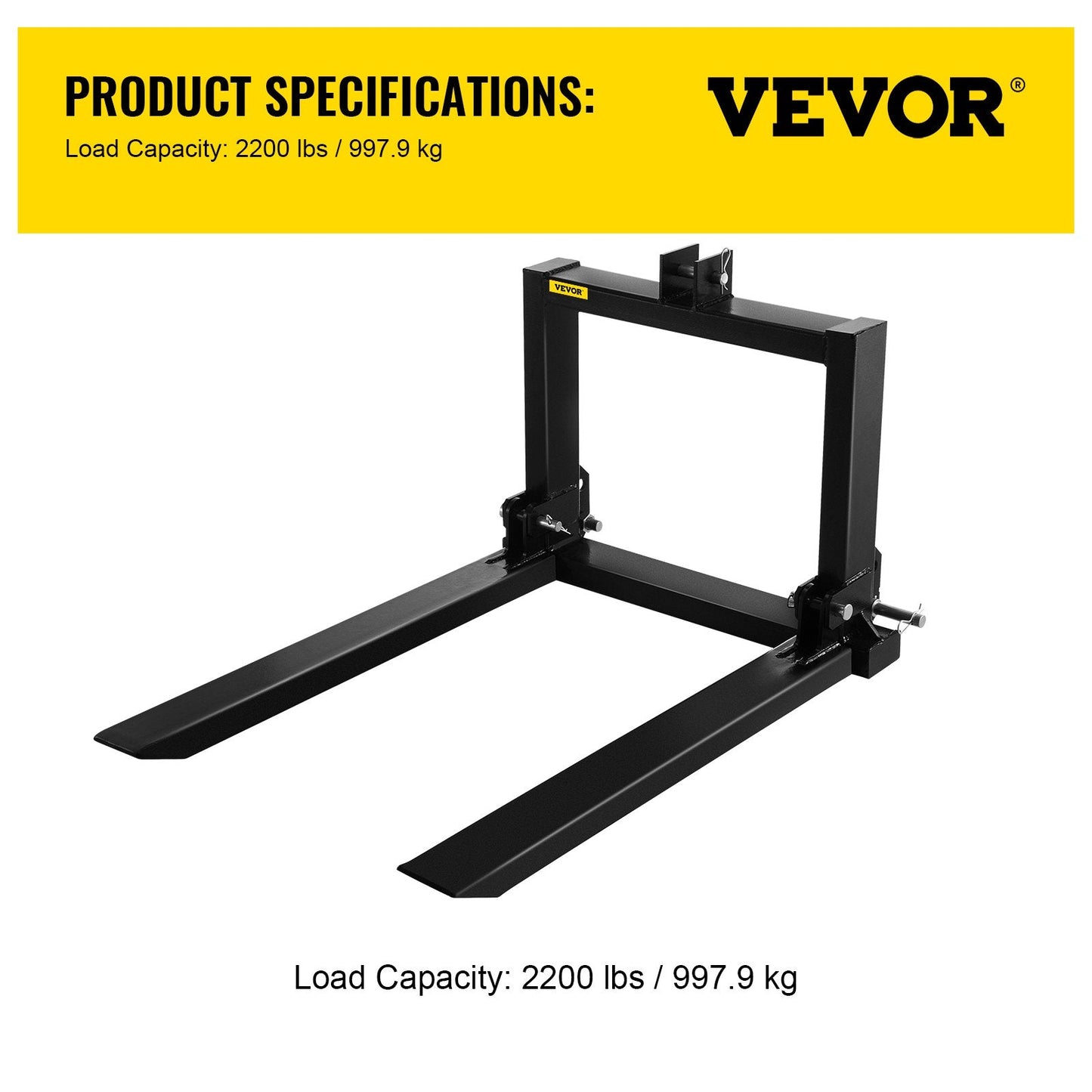 3-Point Hitch Pallet Fork Attachment, 3.9m x 0.56m x 1.04m, 997.9 kg Capacity Steel