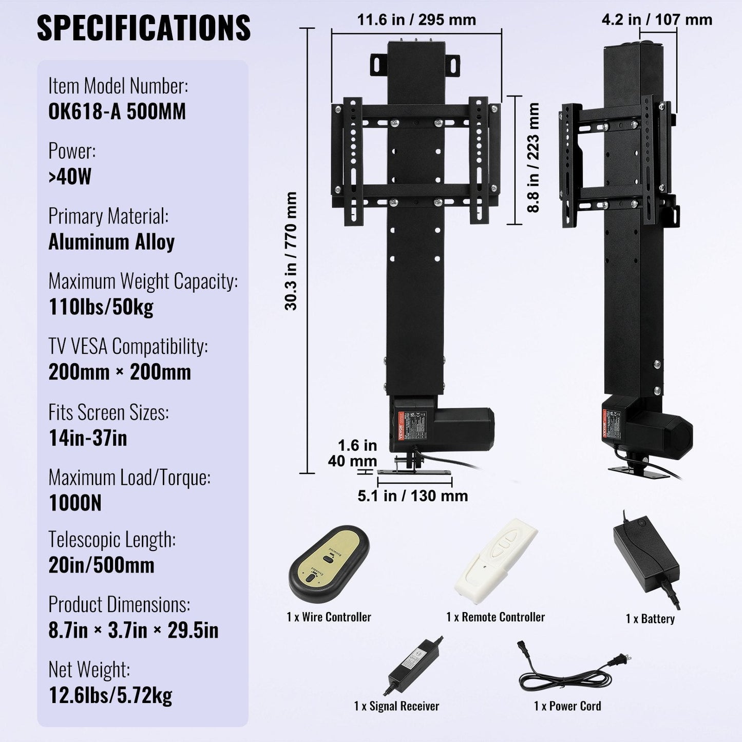 Automatic TV Lift Bracket with Remote, 0.71-1.27m Height Adjustable, 60kg Capacity