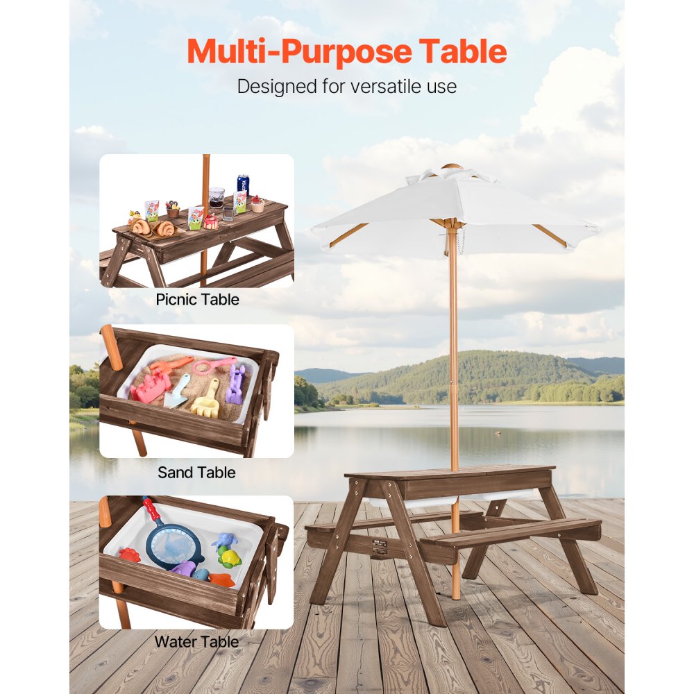 VEVOR Picnic Table Wooden Tables and Bench Set Umbrella Garden Indoor Outdoor