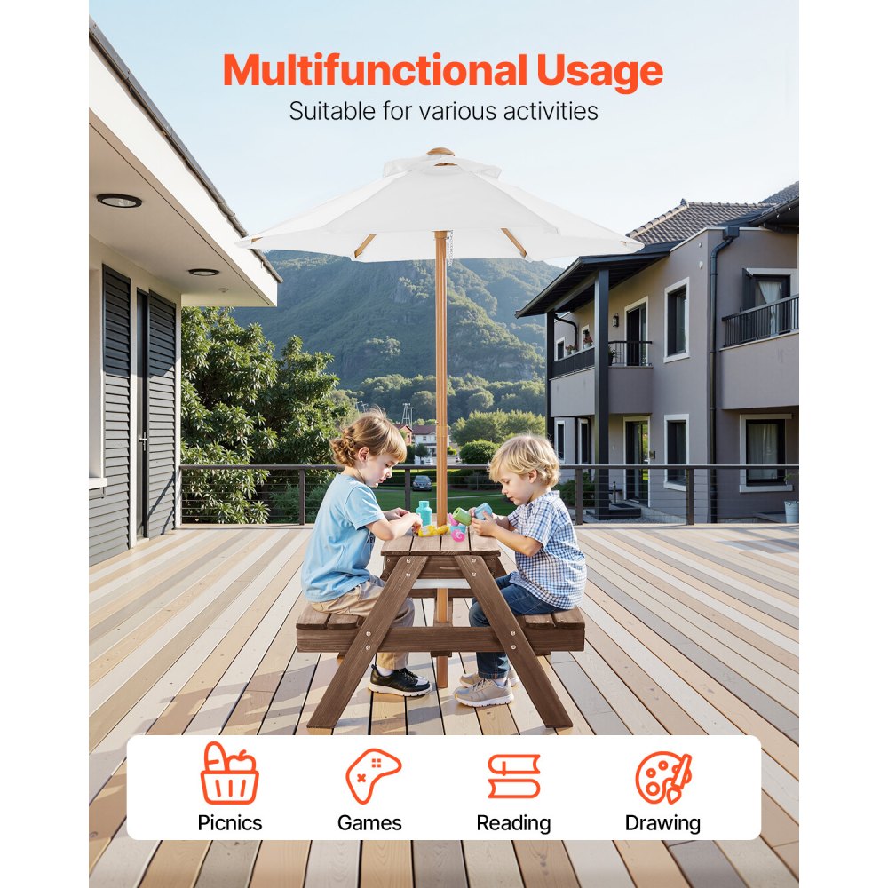 VEVOR Picnic Table Wooden Tables and Bench Set Umbrella Garden Indoor Outdoor