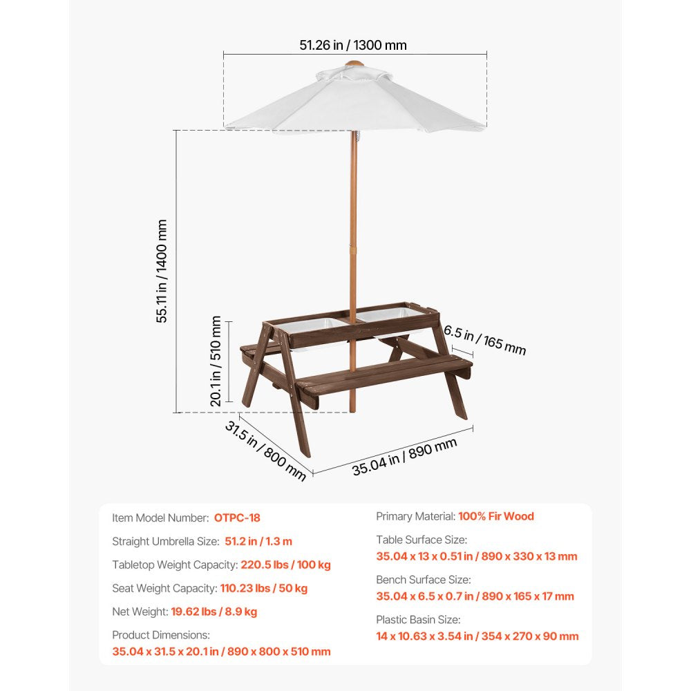 VEVOR Picnic Table Wooden Tables and Bench Set Umbrella Garden Indoor Outdoor