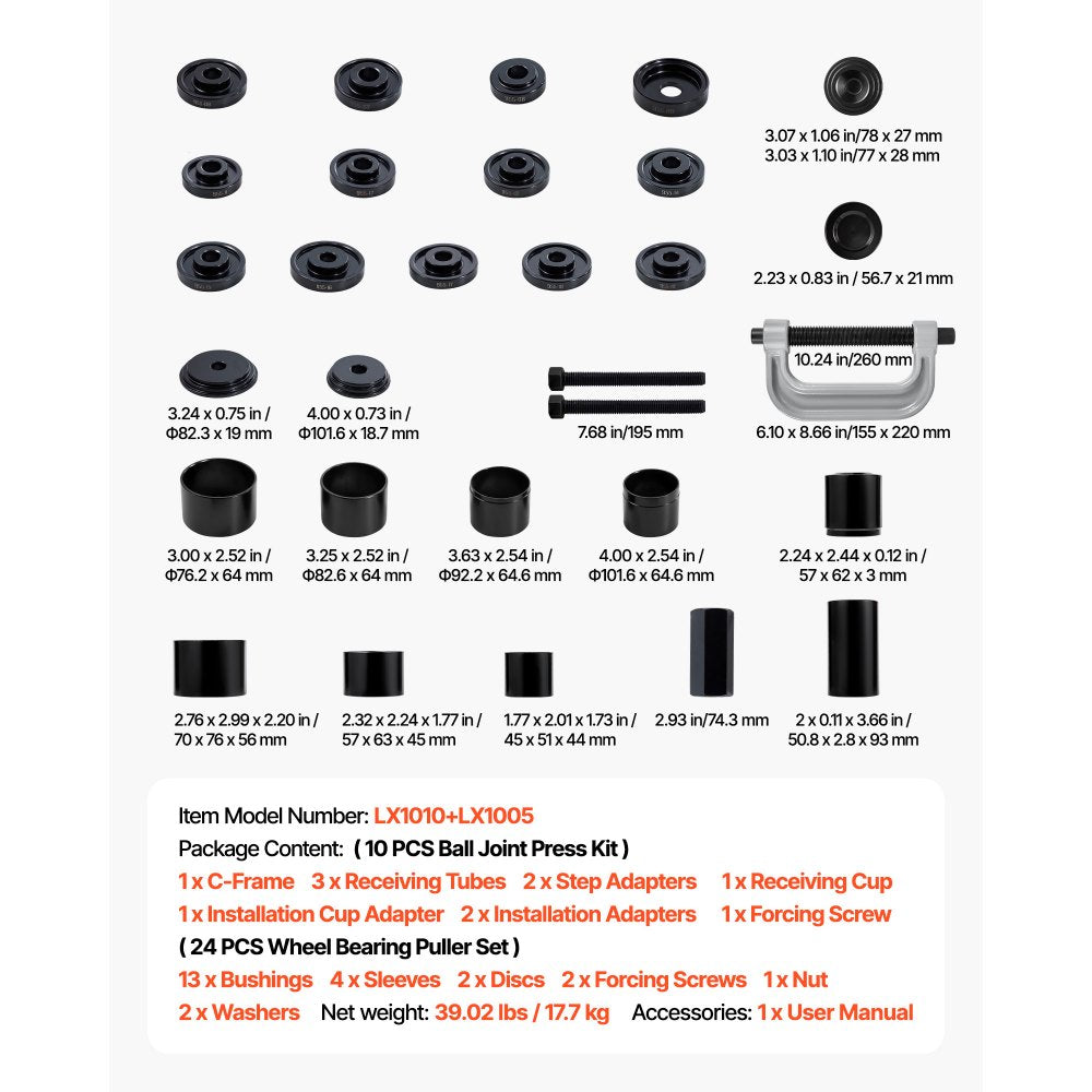Bearing Press Kit, 10+24 Pcs, 2 in 1 Ball Joint Press & Wheel Bearing Puller Kit, Race and Seal Driver Set with 13 Bushings, C-Frame and Sleeves, Heavy Duty Removal Installation Set with Case