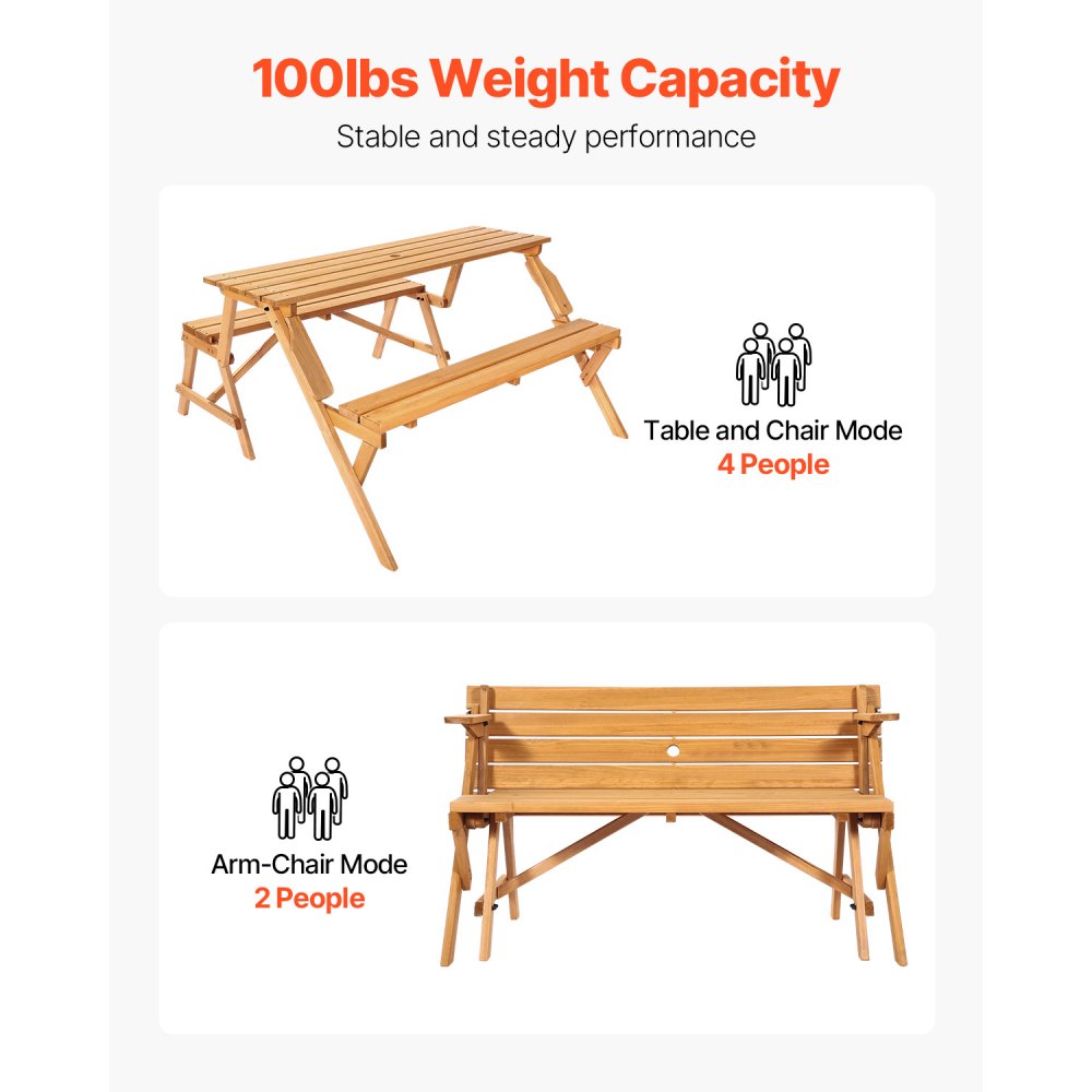 VEVOR 2-in-1 Transforming Interchangeable Picnic Table Wooden Table Bench Set