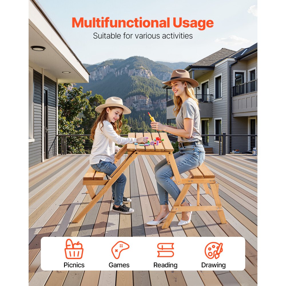 VEVOR 2-in-1 Transforming Interchangeable Picnic Table Wooden Table Bench Set