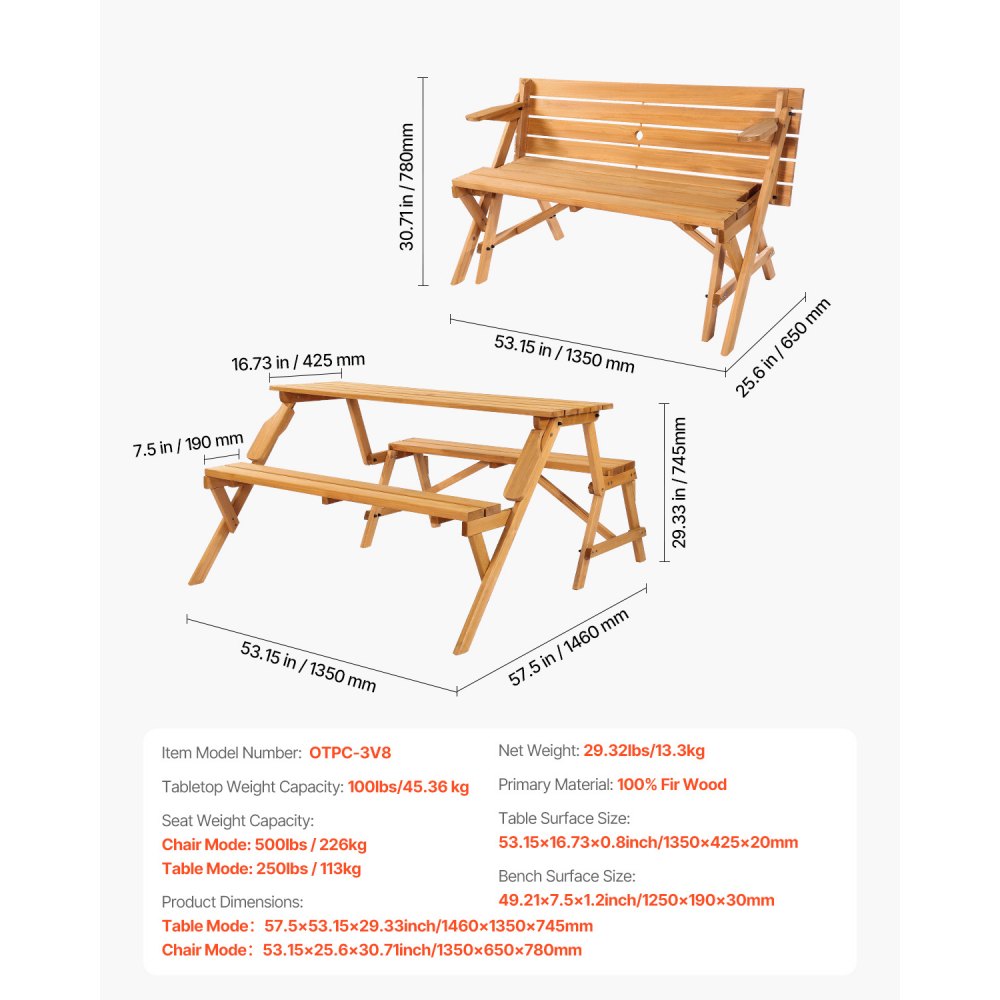 VEVOR 2-in-1 Transforming Interchangeable Picnic Table Wooden Table Bench Set