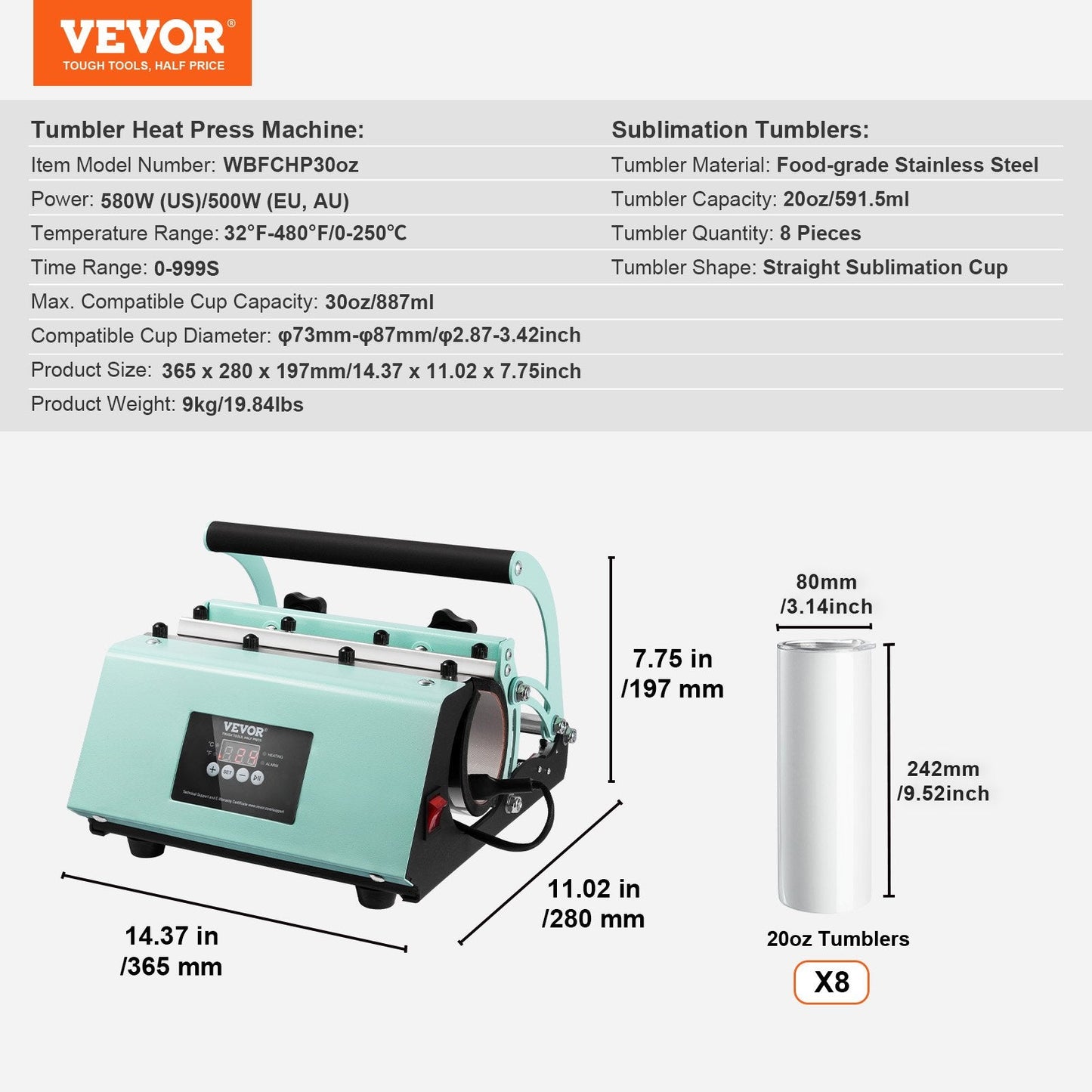 Sublimation Tumbler Press Set with 8 Stainless Steel Tumblers, 0.36m, 9kg
