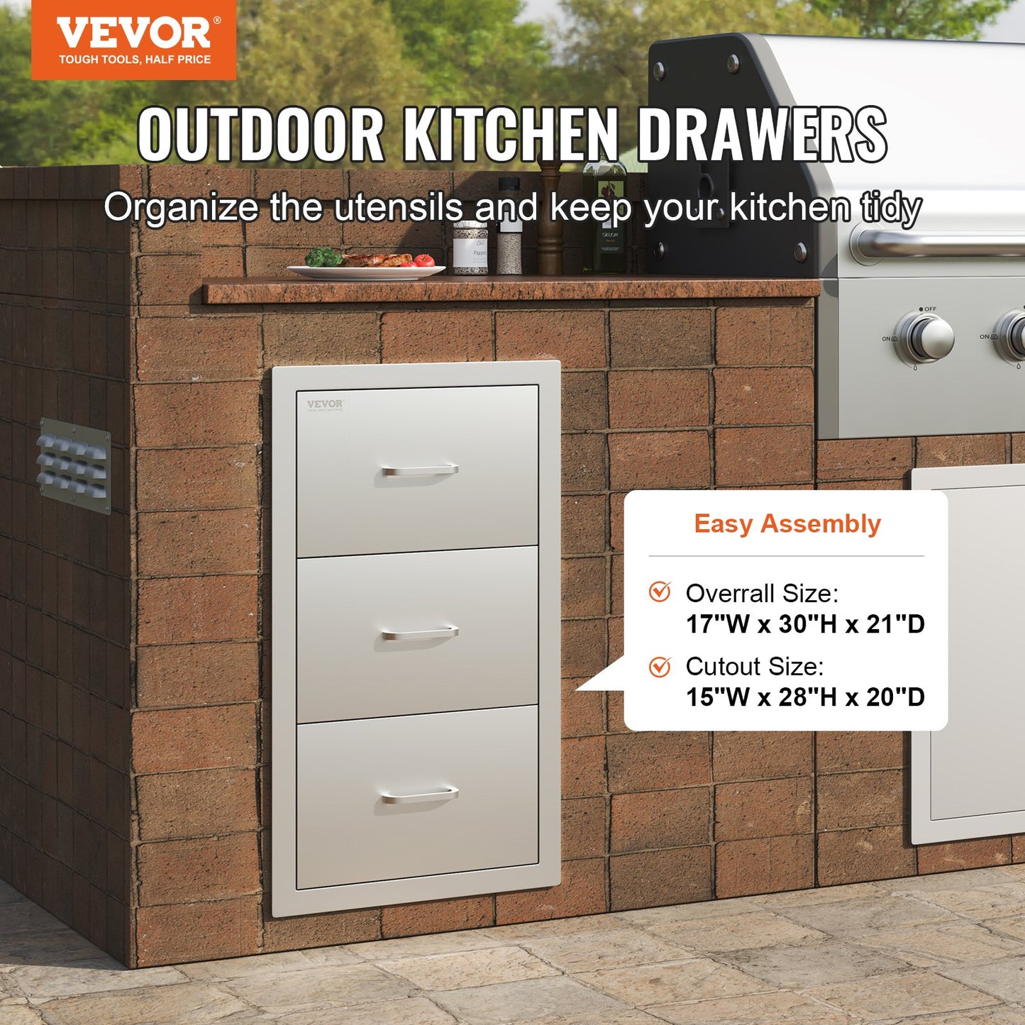 Flush triple access drawer raised style height triple drawer, 76 x 43 cm,stainless