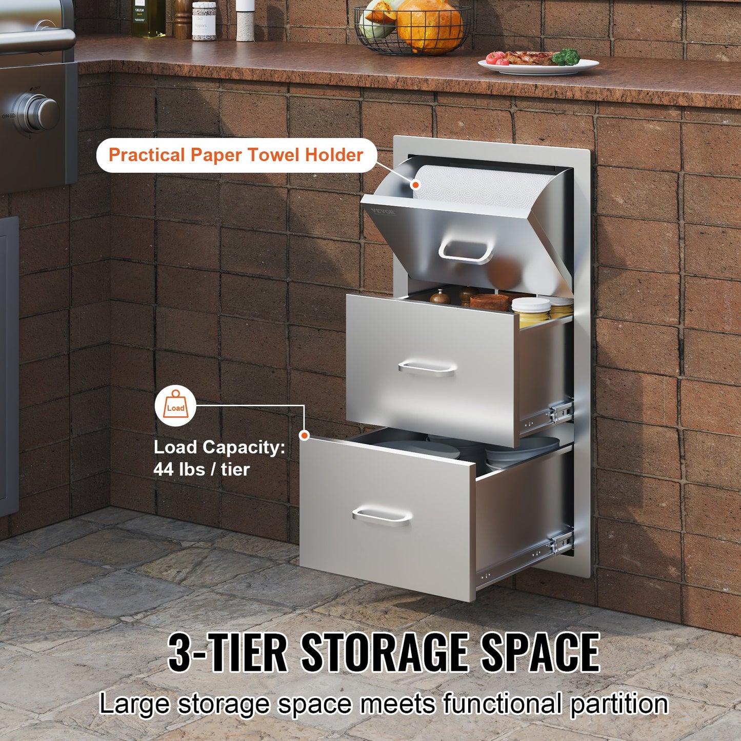 Flush triple access drawer raised style height triple drawer, 76 x 43 cm,stainless