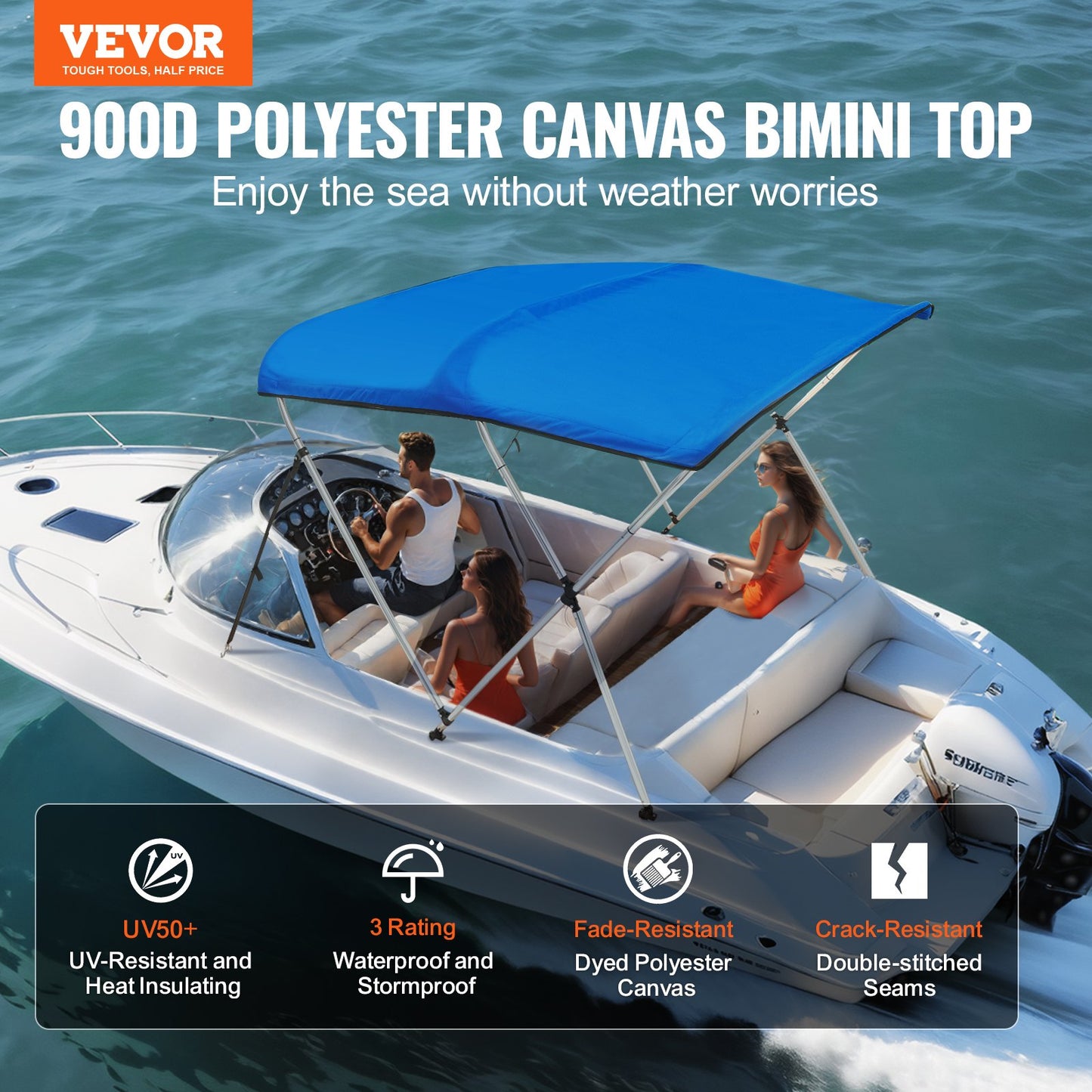 VEVOR 3 Bow Bimini Top Boat Cover, 900D Polyester Canopy with 1" Aluminum Alloy