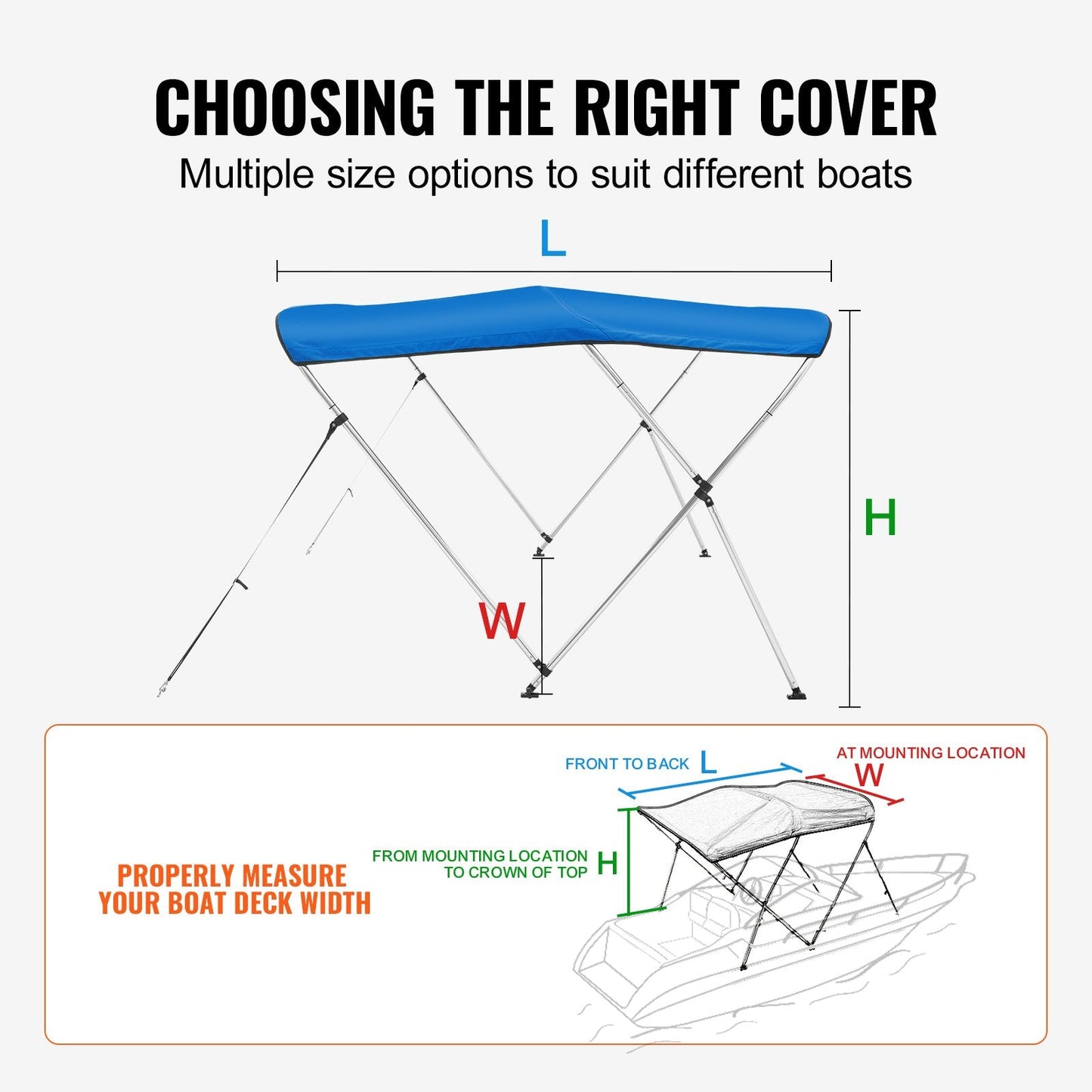 3 Bow Bimini Top Boat Cover, 900D Polyester, Aluminum Frame, Pacific Blue