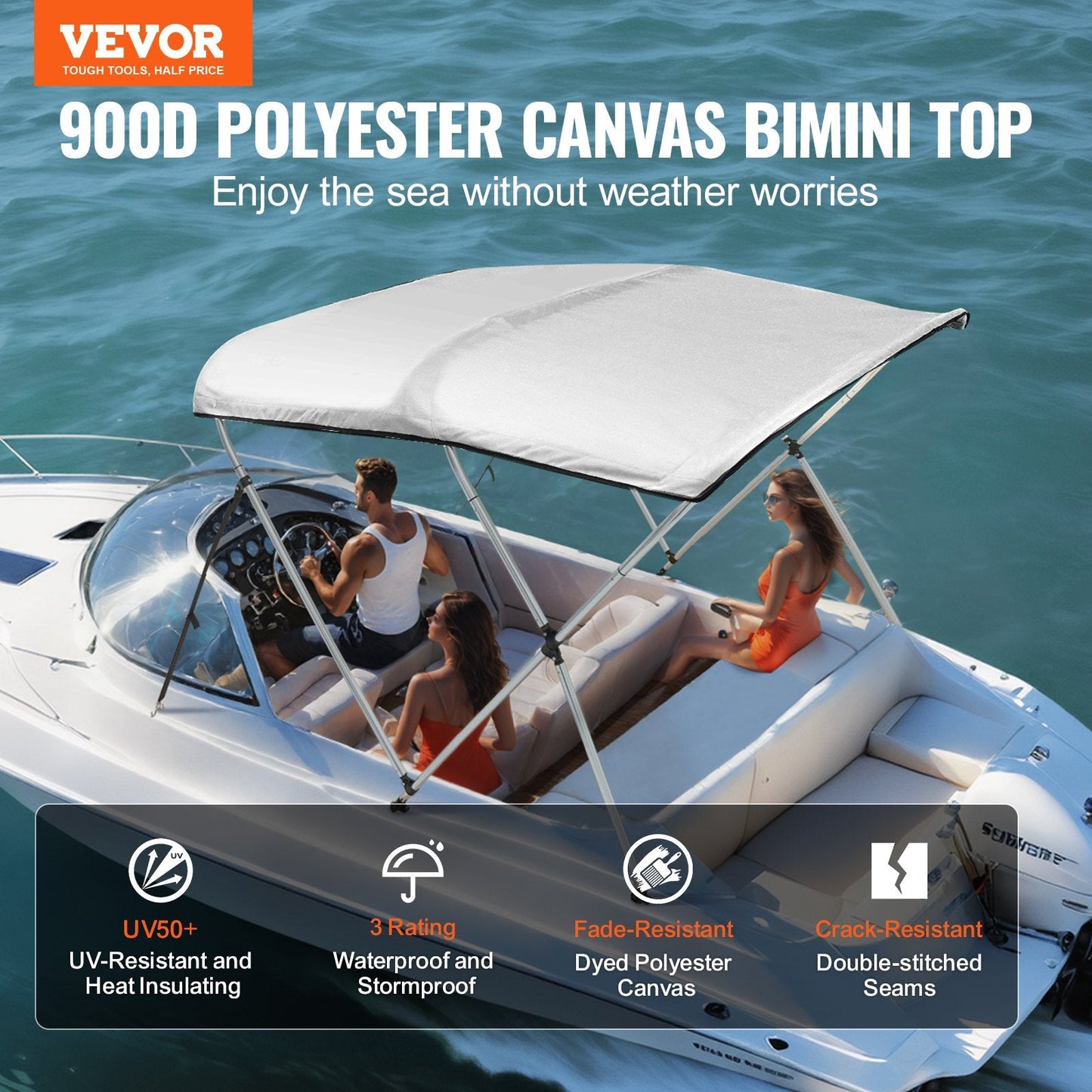 3 Bow Bimini Top Boat Cover, 900D Polyester, 61-66 cm Width, Aluminum Frame