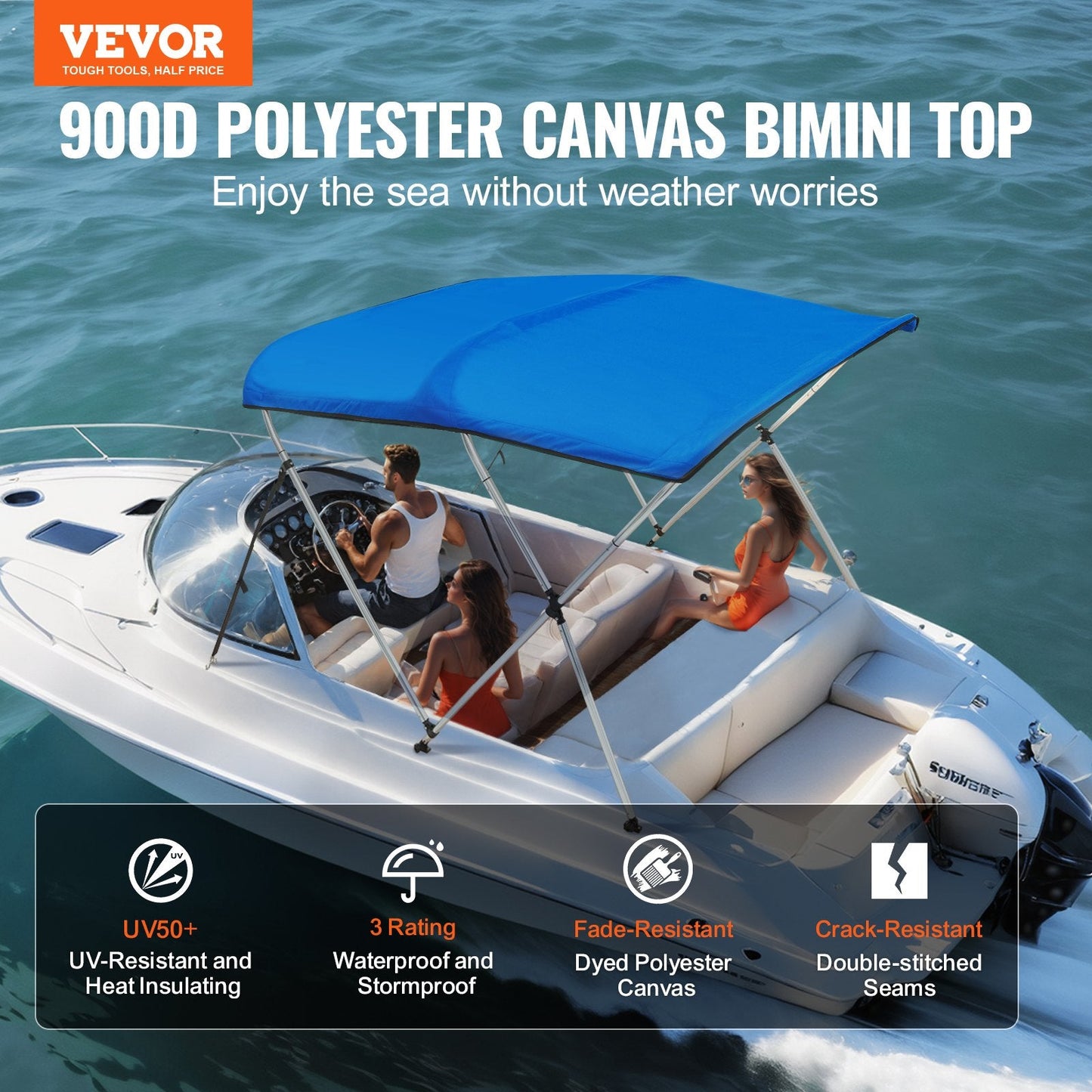 3 Bow Boat Bimini Top Cover, 900D Polyester, Aluminum Frame, Pacific Blue