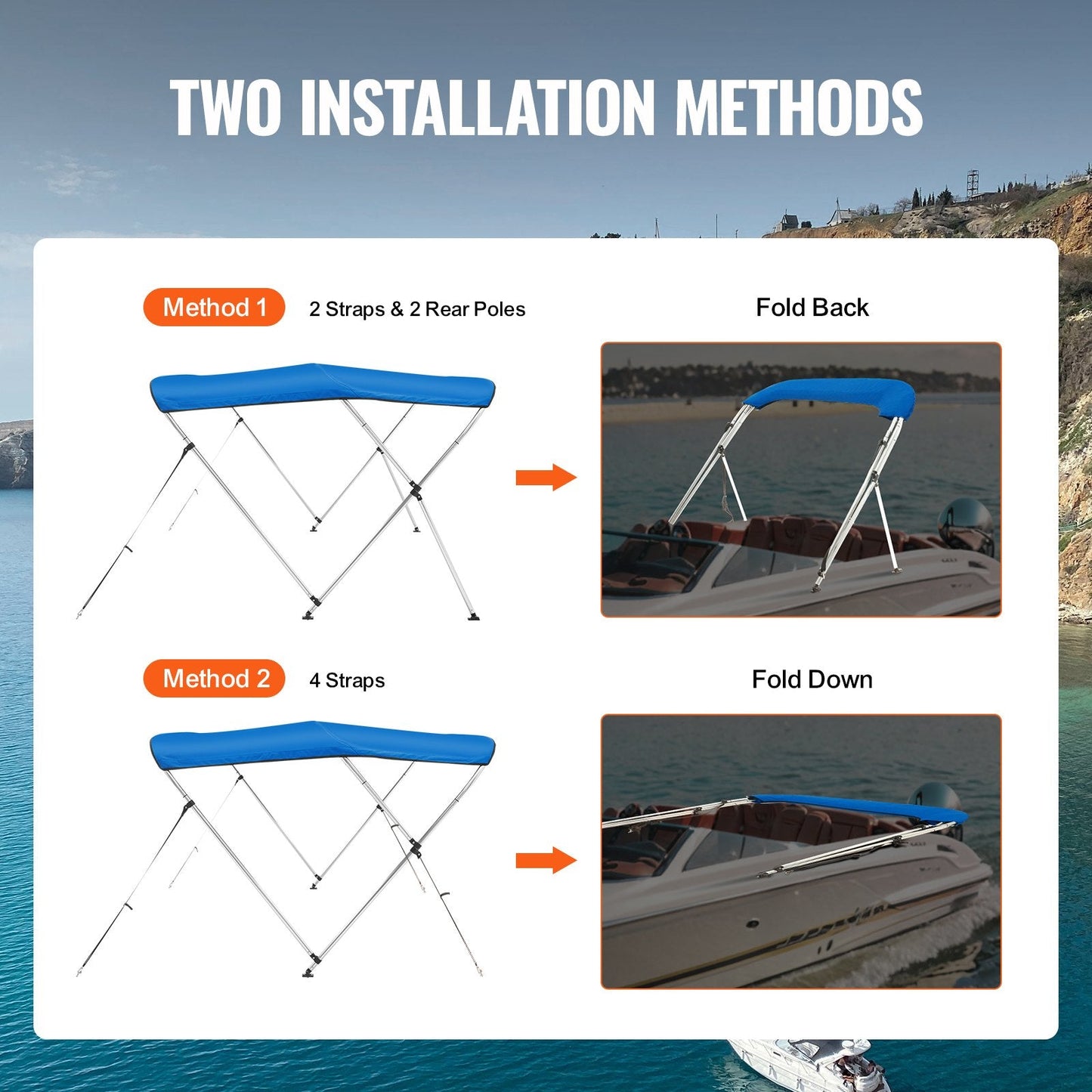 3 Bow Boat Bimini Top Cover, 900D Polyester, Aluminum Frame, Pacific Blue