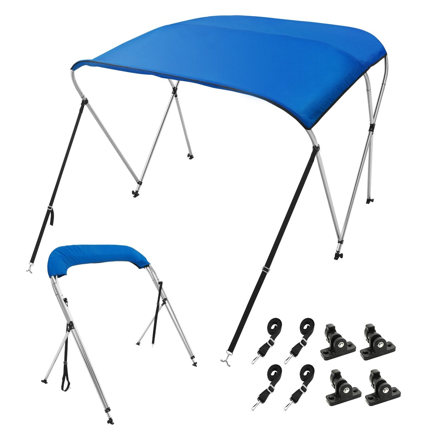 3 Bow Boat Bimini Top Cover, 900D Polyester, Aluminum Frame, Pacific Blue