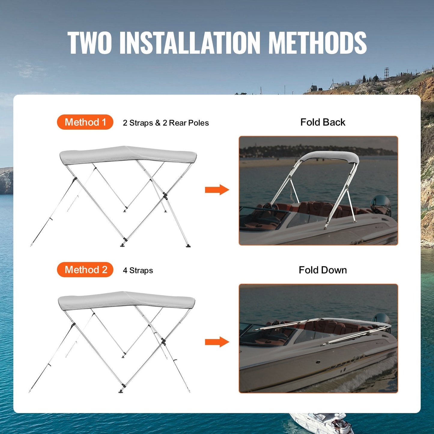 3-Bow Bimini Top Boat Cover, 900D Polyester Canopy with Aluminum Frame