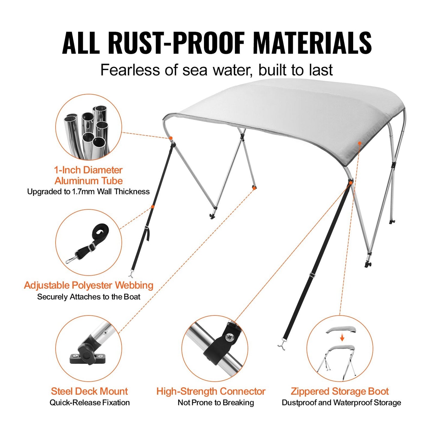 3-Bow Bimini Top Boat Cover, 900D Polyester Canopy with Aluminum Frame
