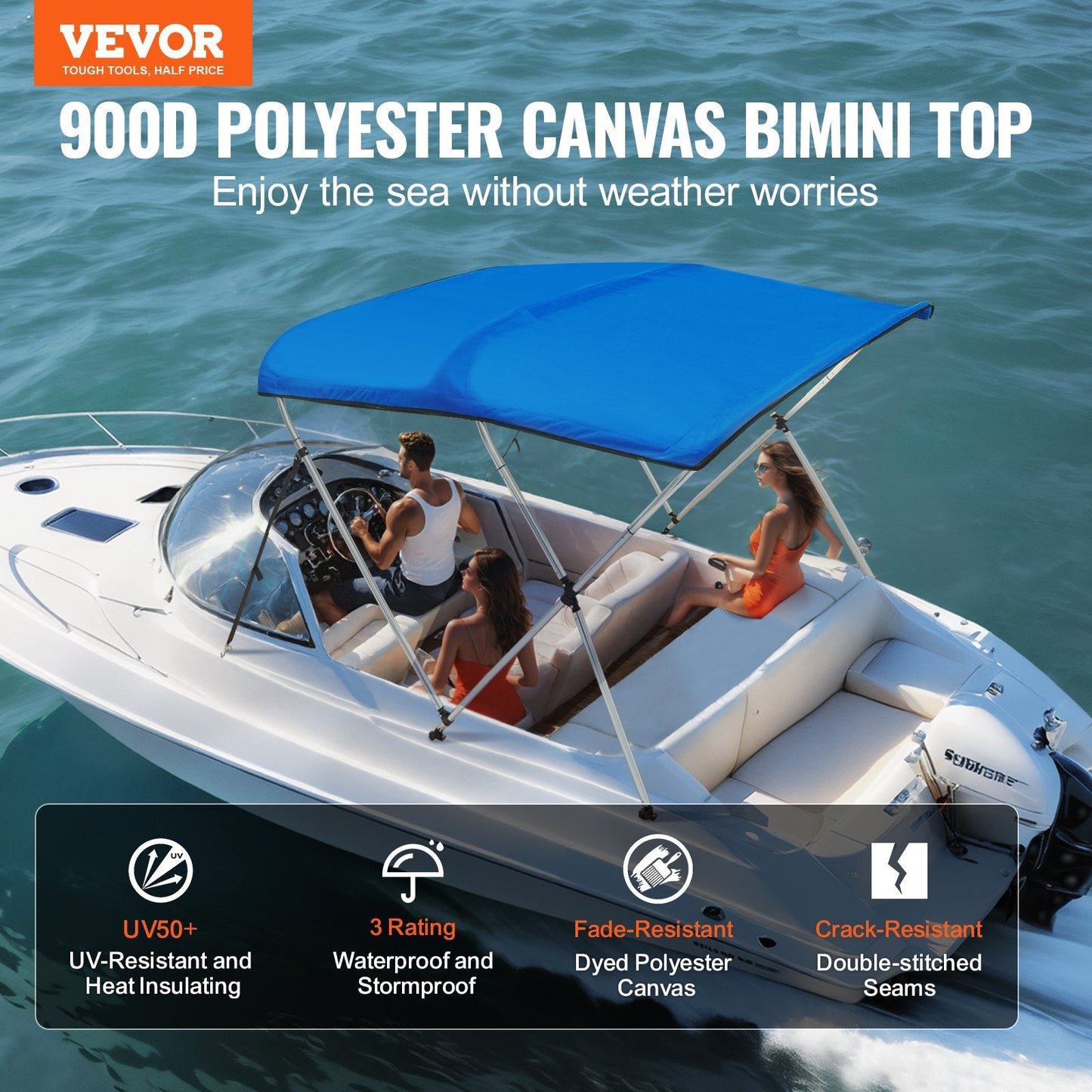 3 Bow Boat Canopy Cover, 900D Polyester with Aluminum Frame, Pacific Blue