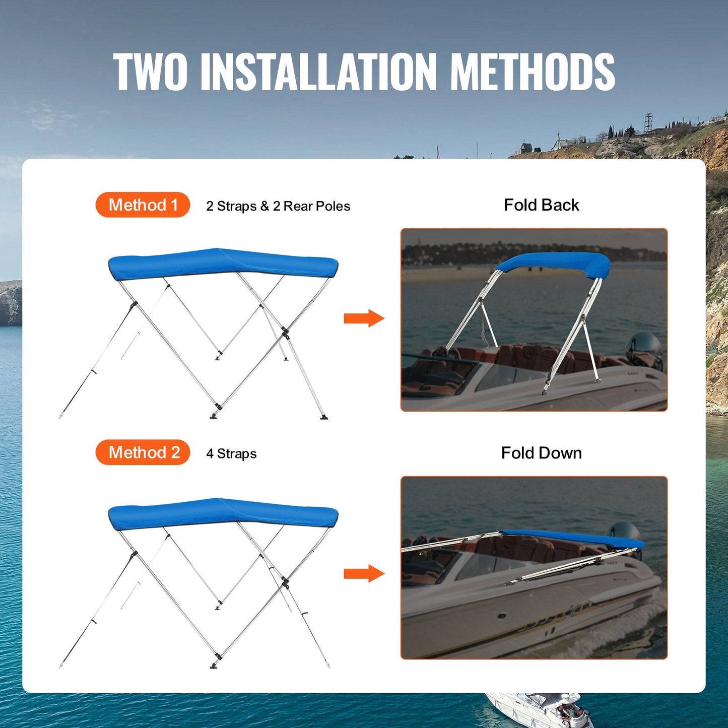 3 Bow Boat Canopy Cover, 900D Polyester with Aluminum Frame, Pacific Blue
