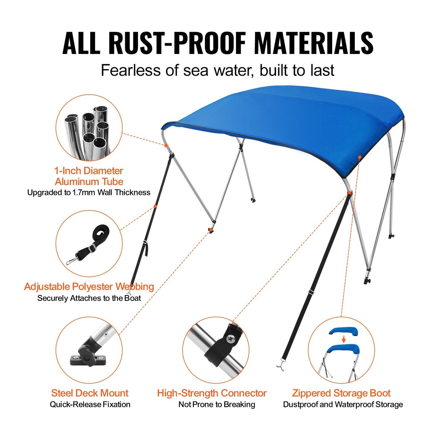 3 Bow Boat Canopy Cover, 900D Polyester with Aluminum Frame, Pacific Blue