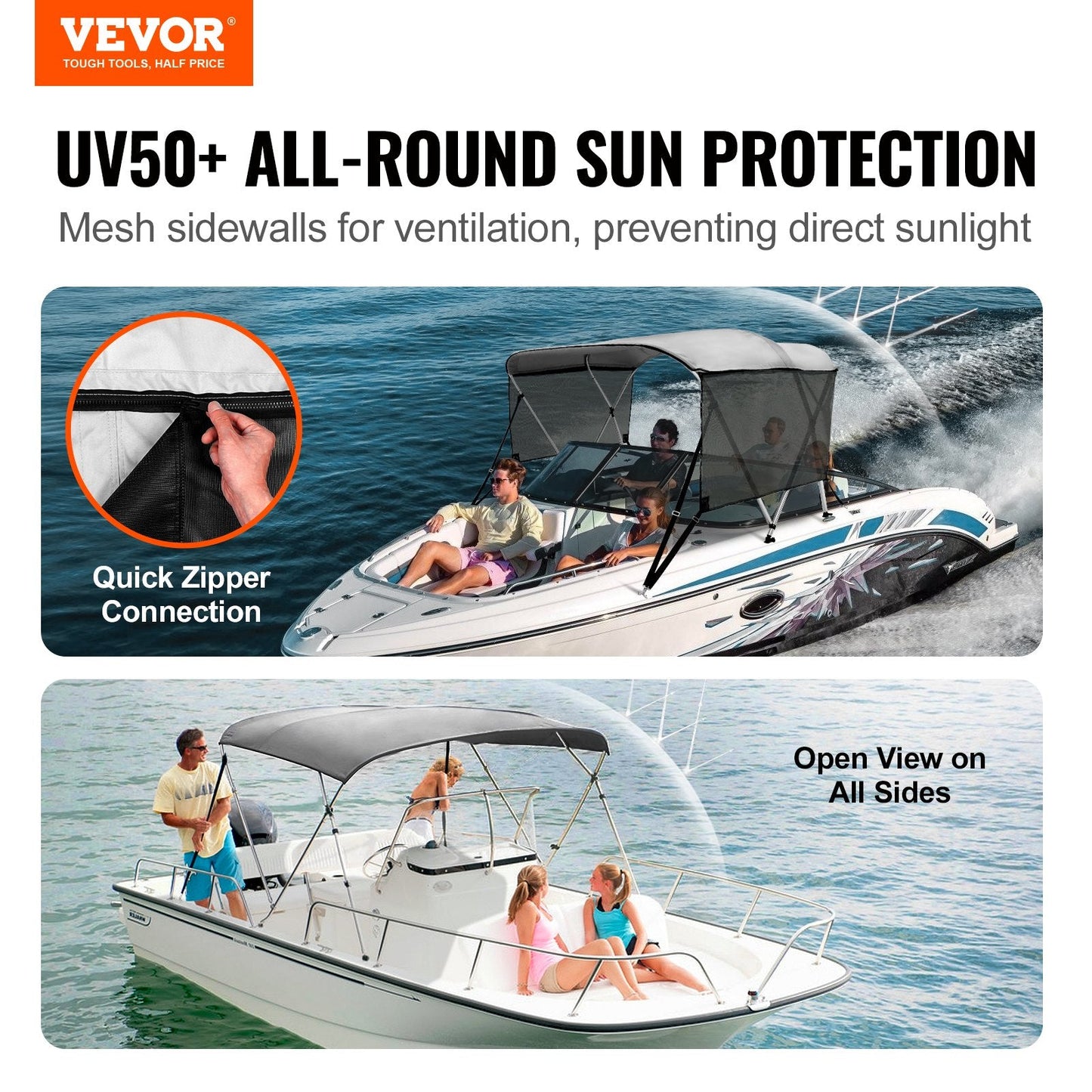 3-Bow Boat Bimini Top Cover with Mesh Sidewalls, 600D Polyester, Light Grey