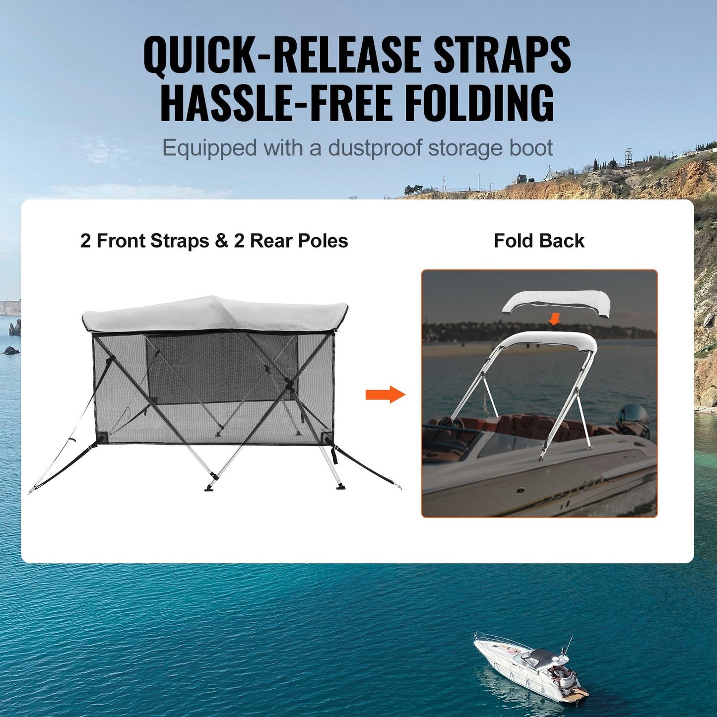 3-Bow Boat Bimini Top Cover with Mesh Sidewalls, 600D Polyester, Light Grey