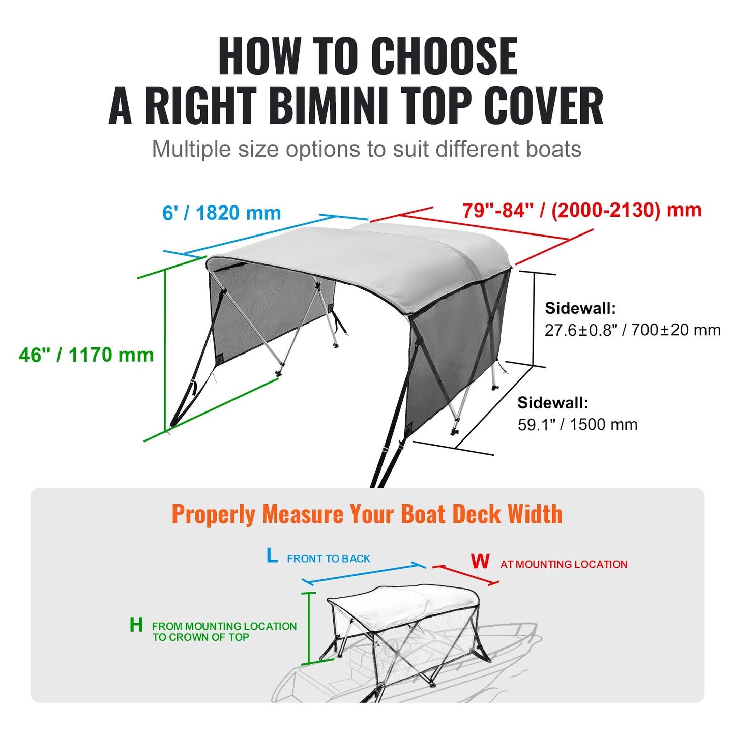 3-Bow Boat Bimini Top Cover with Mesh Sidewalls, 600D Polyester, Light Grey
