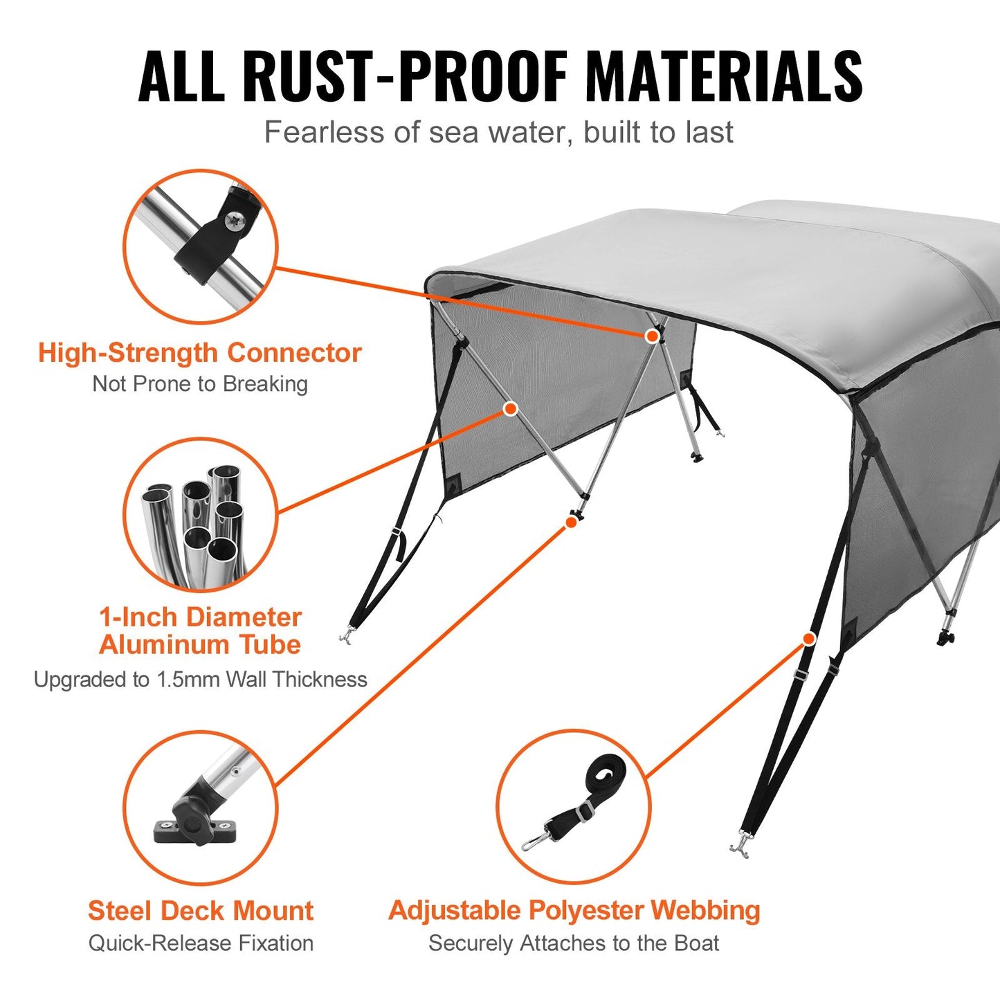 3 Bow Bimini Top Boat Cover with Detachable Mesh Sides, 600D Polyester Fabric
