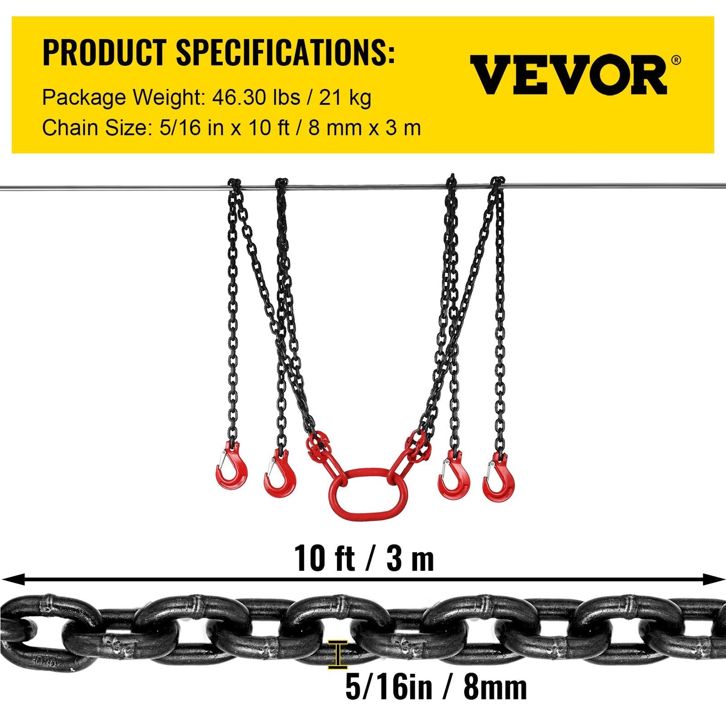 Heavy Duty G80 Alloy Steel 4-Leg Engine Lift Chain Sling, 3m, 5t Capacity
