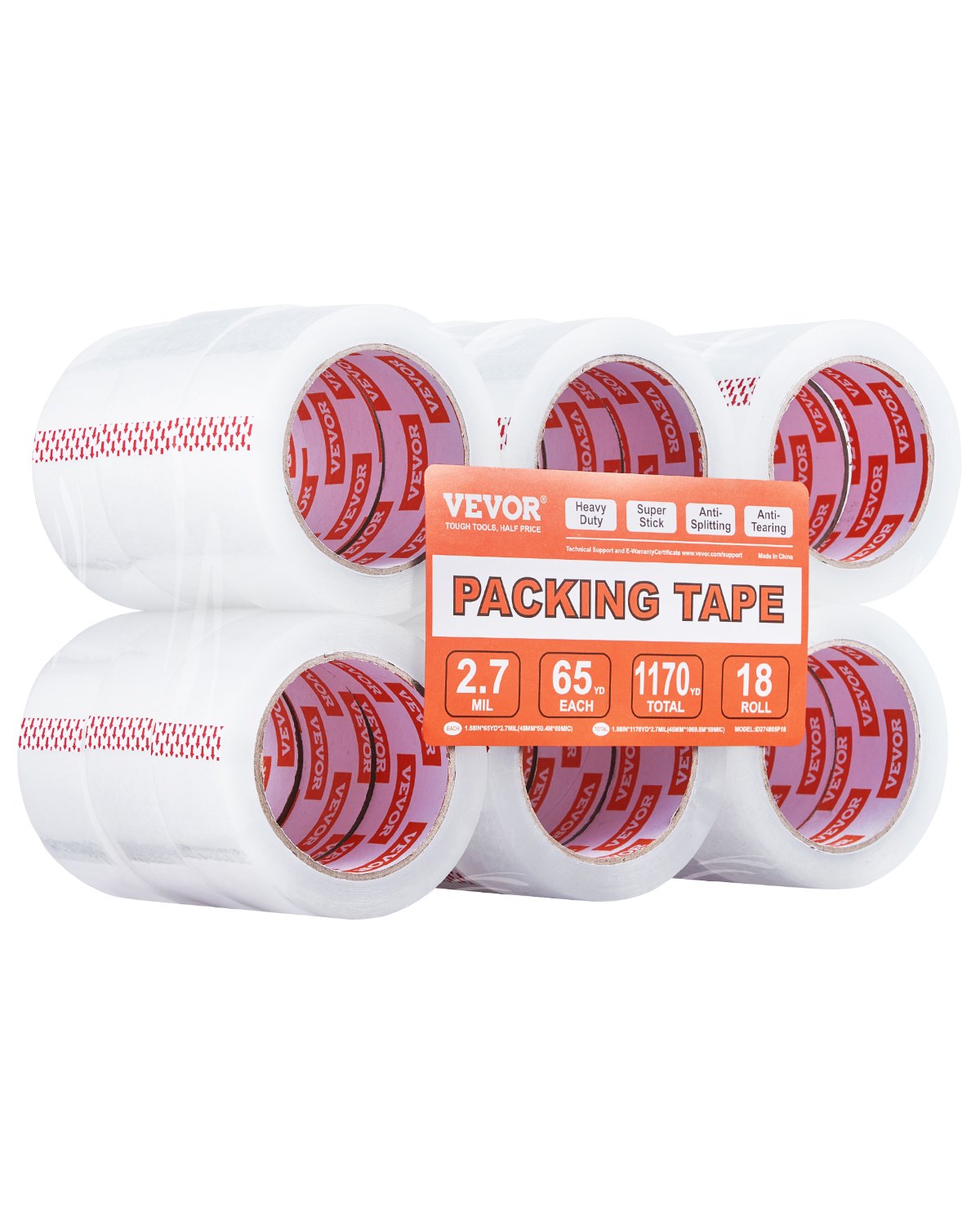VEVOR Packing Tape 18 Rolls 65 Yards Heavy Duty Clear Packing Tapes 2.7 Mil