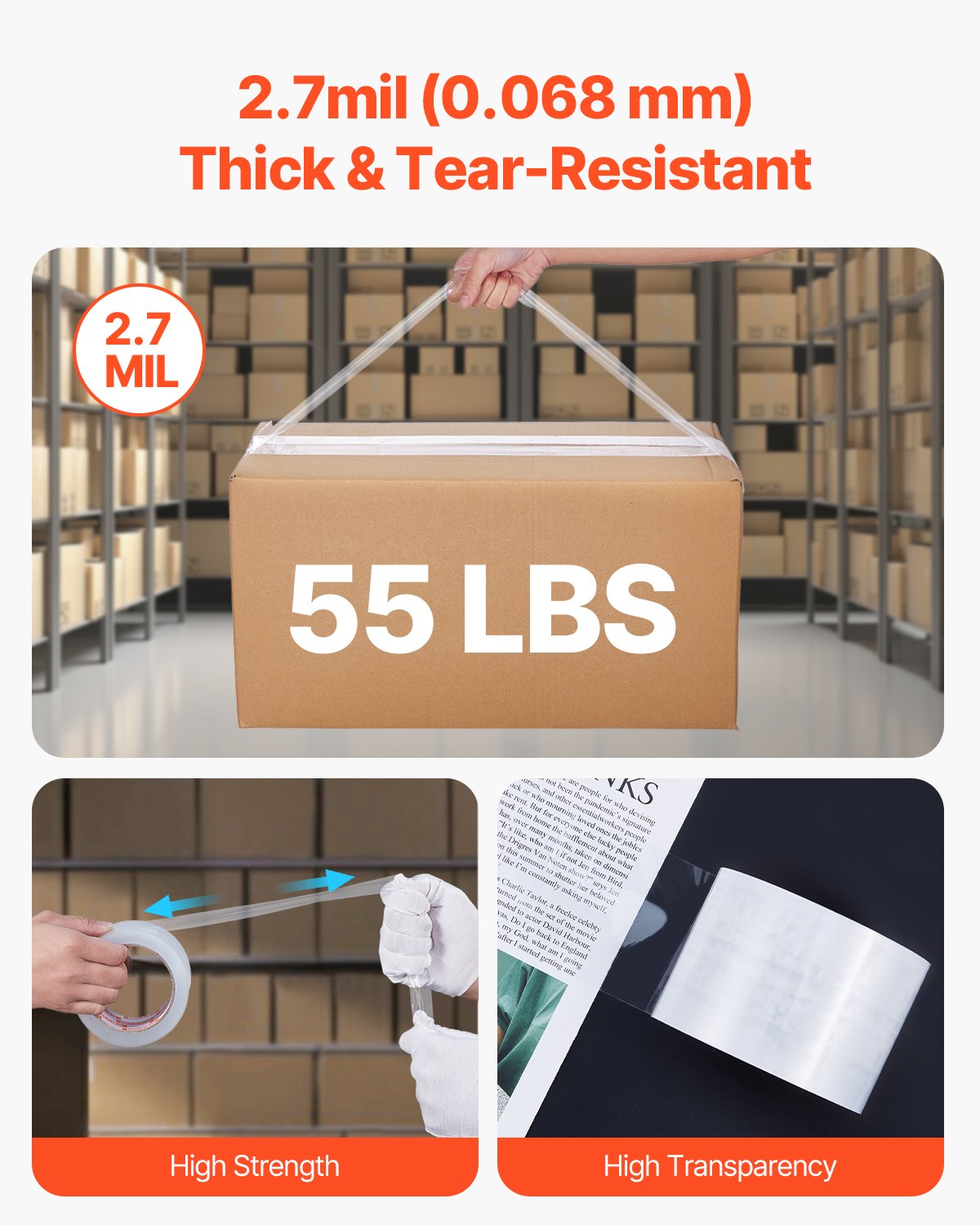VEVOR Clear Packing Tape 24 Rolls 65 Yards Heavy Duty Clear Packing Tape 2.7 Mil