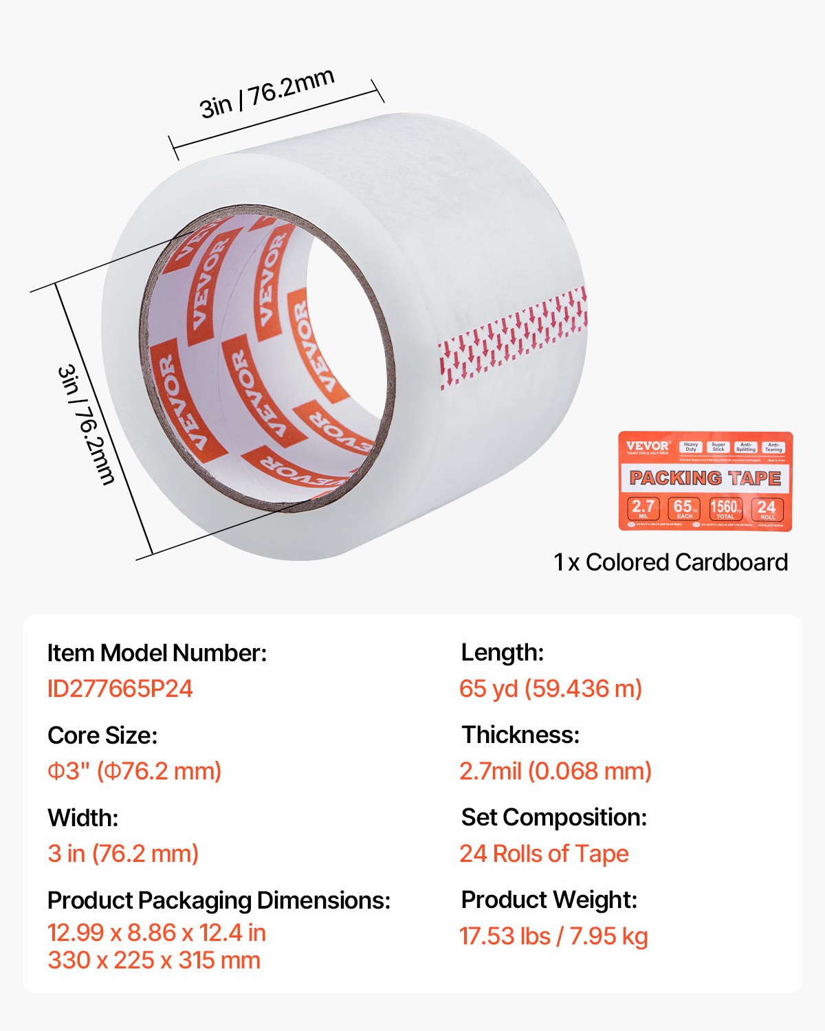 VEVOR Clear Packing Tape 24 Rolls 65 Yards Heavy Duty Clear Packing Tape 2.7 Mil