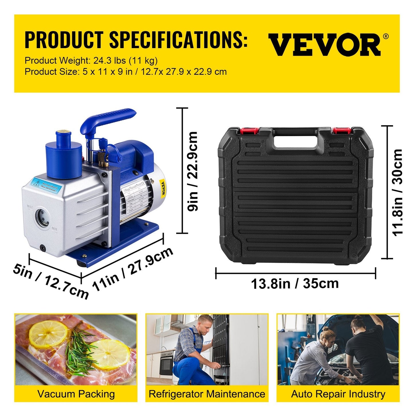 HVAC Air Refrigerant Rotary Vane Vacuum Pump, 4.8 CFM, 1/3 HP, 0.8 m, 4-Valve Gauge Set