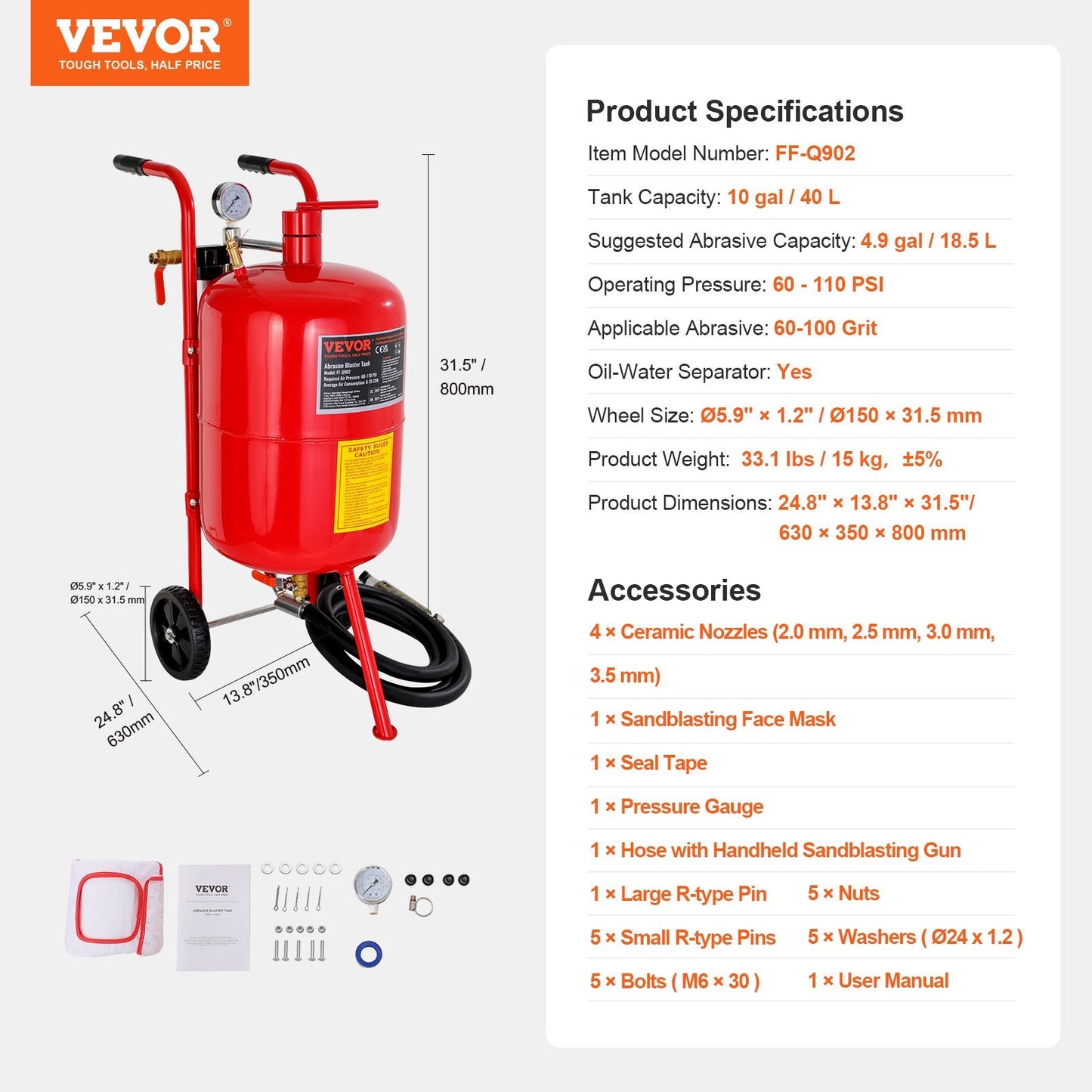 10 Gal/40 L Portable Sandblaster with Shut-Off Valve and Pressure Gauge