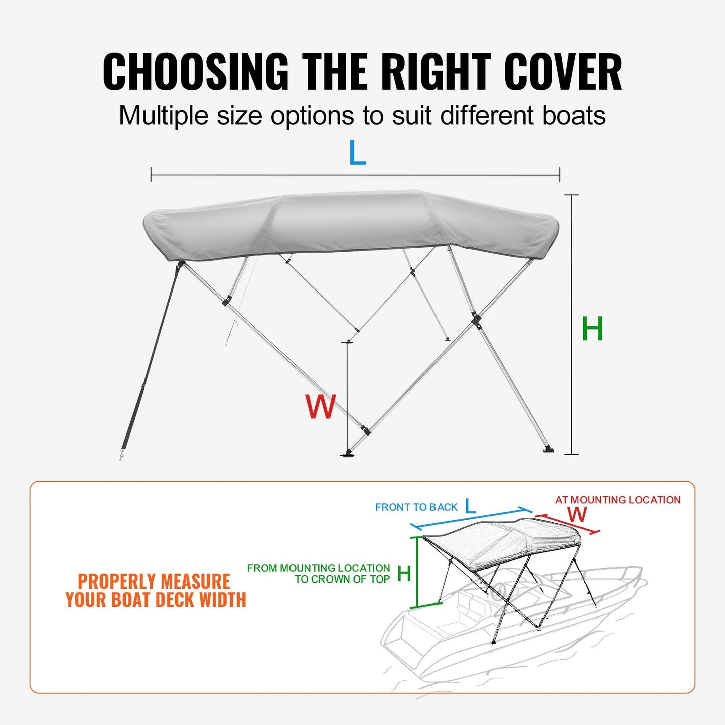 4-Bow Boat Bimini Top Cover, 900D Polyester, Aluminum Frame, Light Grey