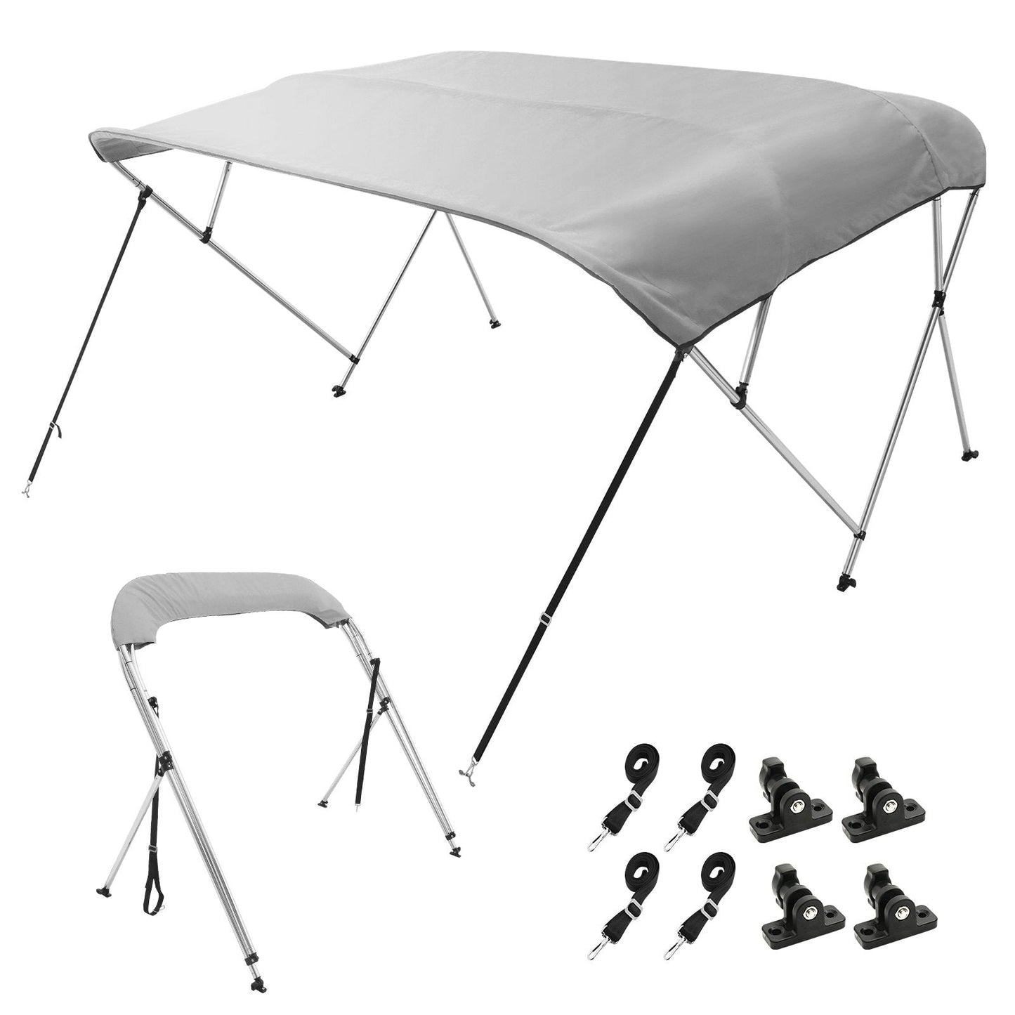 4-Bow Boat Bimini Top Cover, 900D Polyester, Aluminum Frame, Light Grey