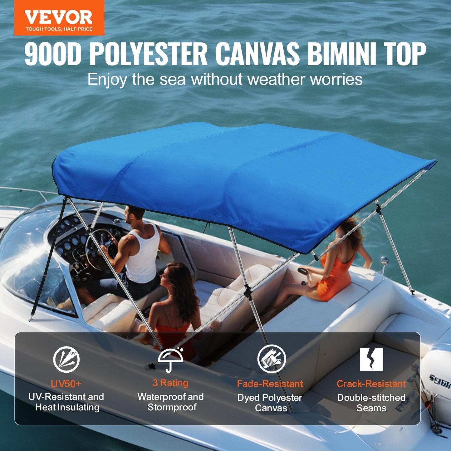 4-Bow Boat Canopy Cover, 900D Polyester, Fits 2.31-2.44m Width, Pacific Blue